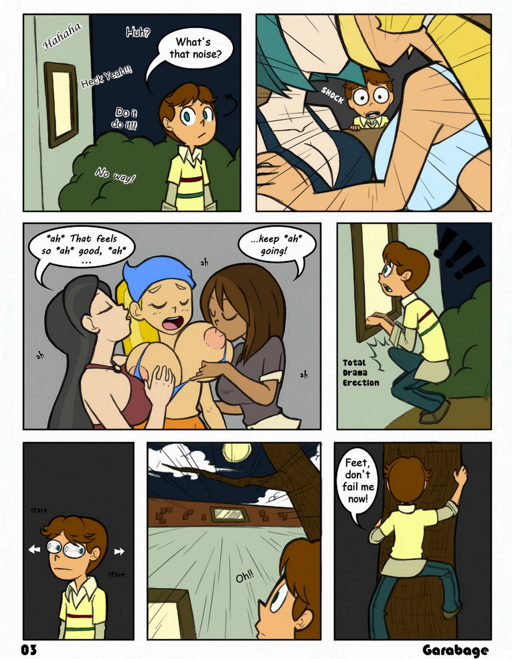 1boy, 5girls, asian female, black hair, breast sucking, breastfeeding, breasts, breasts out, bridgette (tdi), cartoon network, cody (tdi), comic, courtney (tdi), dark skin, dark-skinned female, drunk, dyed hair, english text, erection, female, garabatoz, gwen (tdi), heather (tdi), kissing, light skin, light-skinned female, light-skinned male, lindsay (tdi), male, multiple females, multiple girls, page 3, pale skin, pale-skinned female, teal hair, teletoon, text, total drama island, voyeur, white female, white male, yuri