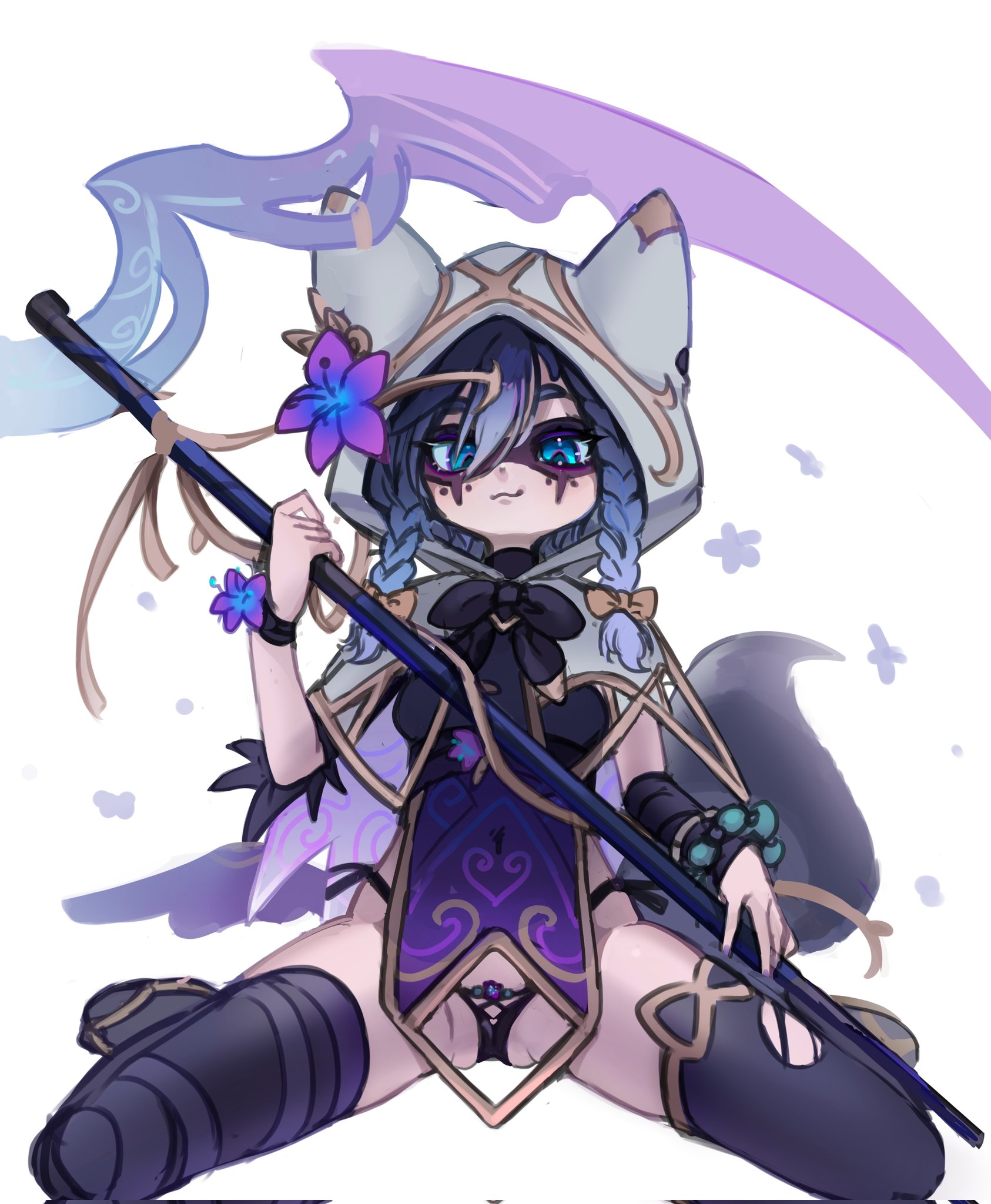 black panties, blue eyes, blue hair, braids, c21h29n2o, clothed, female, hood, indie virtual youtuber, light skin, light-skinned female, panties, side-tie panties, smirking, snuffy, solo female, tagme, twin braids, virtual youtuber, white sclera