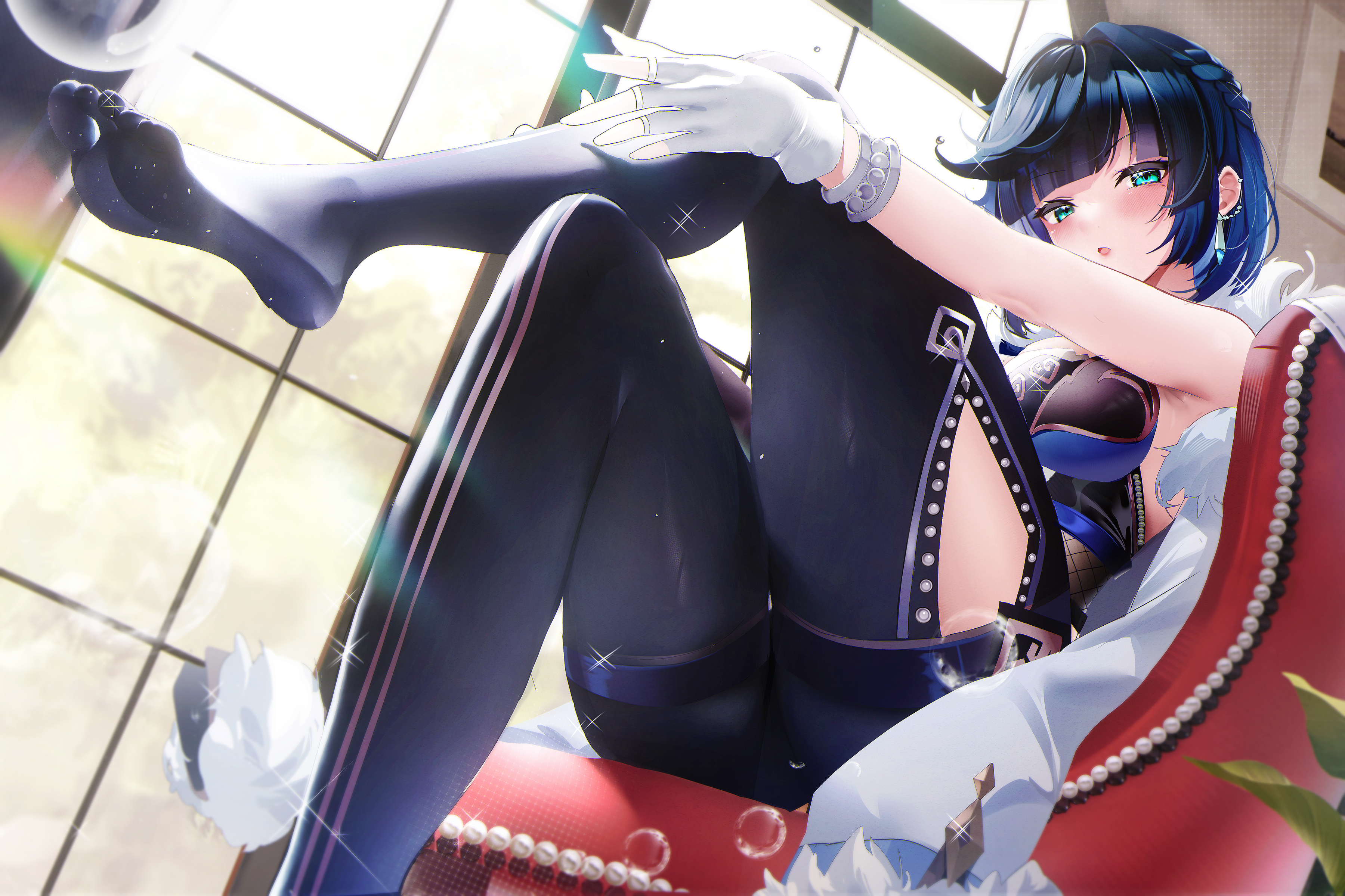 1girls, big breasts, blue hair, breasts, fantongjun, feet, female, female only, genshin impact, gloves, green eyes, hi res, highres, large breasts, legs, looking at viewer, short hair, sitting, solo, solo female, thick thighs, thighs, voluptuous, yelan (genshin impact)