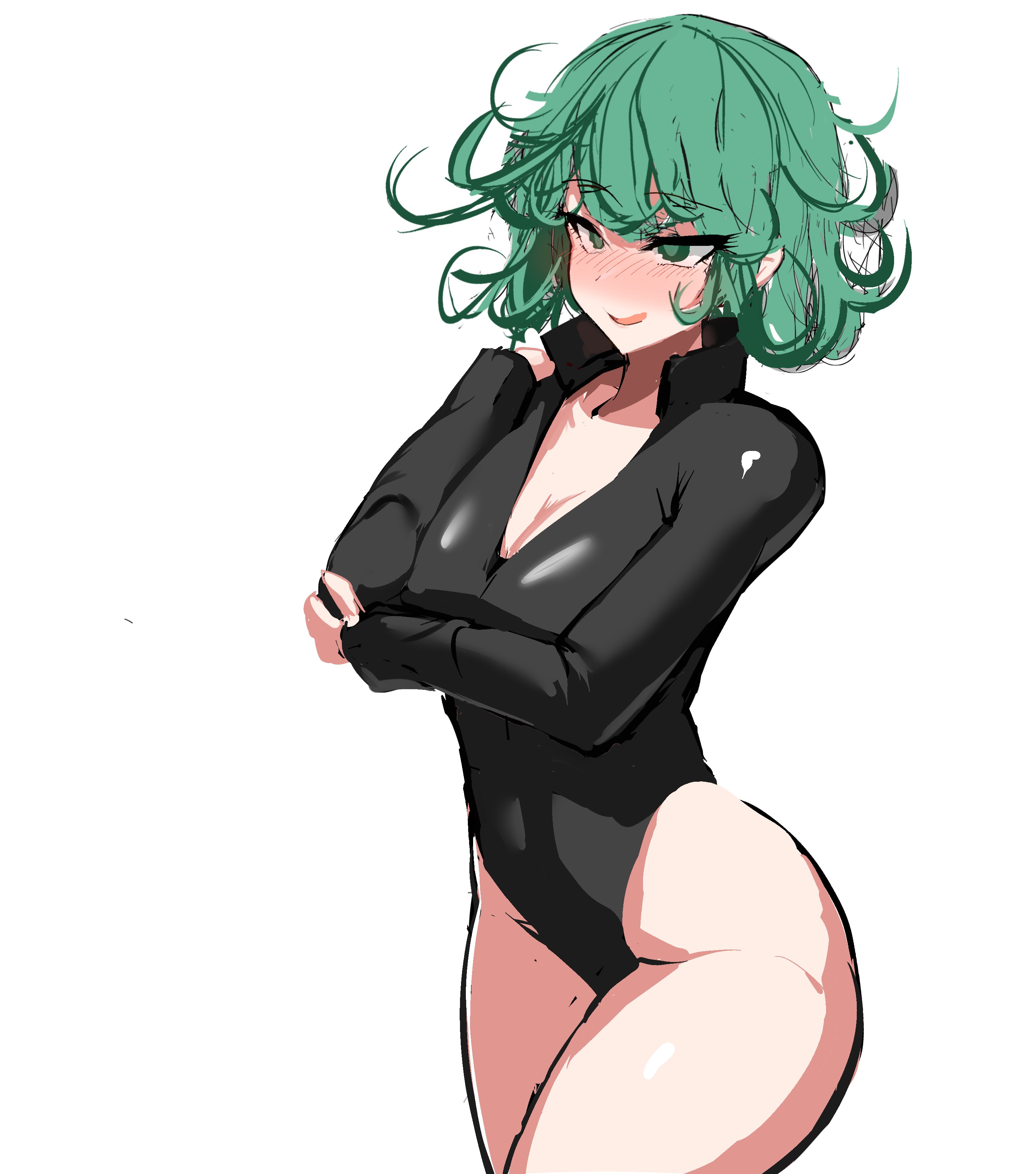 1girls, 9is, absurd res, blush, breasts, cleavage, female, female only, green eyes, green hair, hi res, one-punch man, solo, tatsumaki, thighs, white background, wide hips