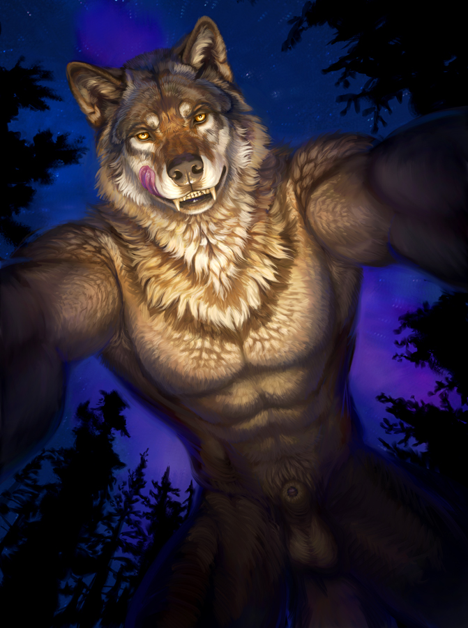 abs anthro big_muscles black_nose canid canine forest fur genitals grey_body grey_fur hibbary looking_at_viewer male mammal muscular nature penis plant pubes smile teeth tongue tongue_out tree were werecanid werecanine werewolf yellow_eyes