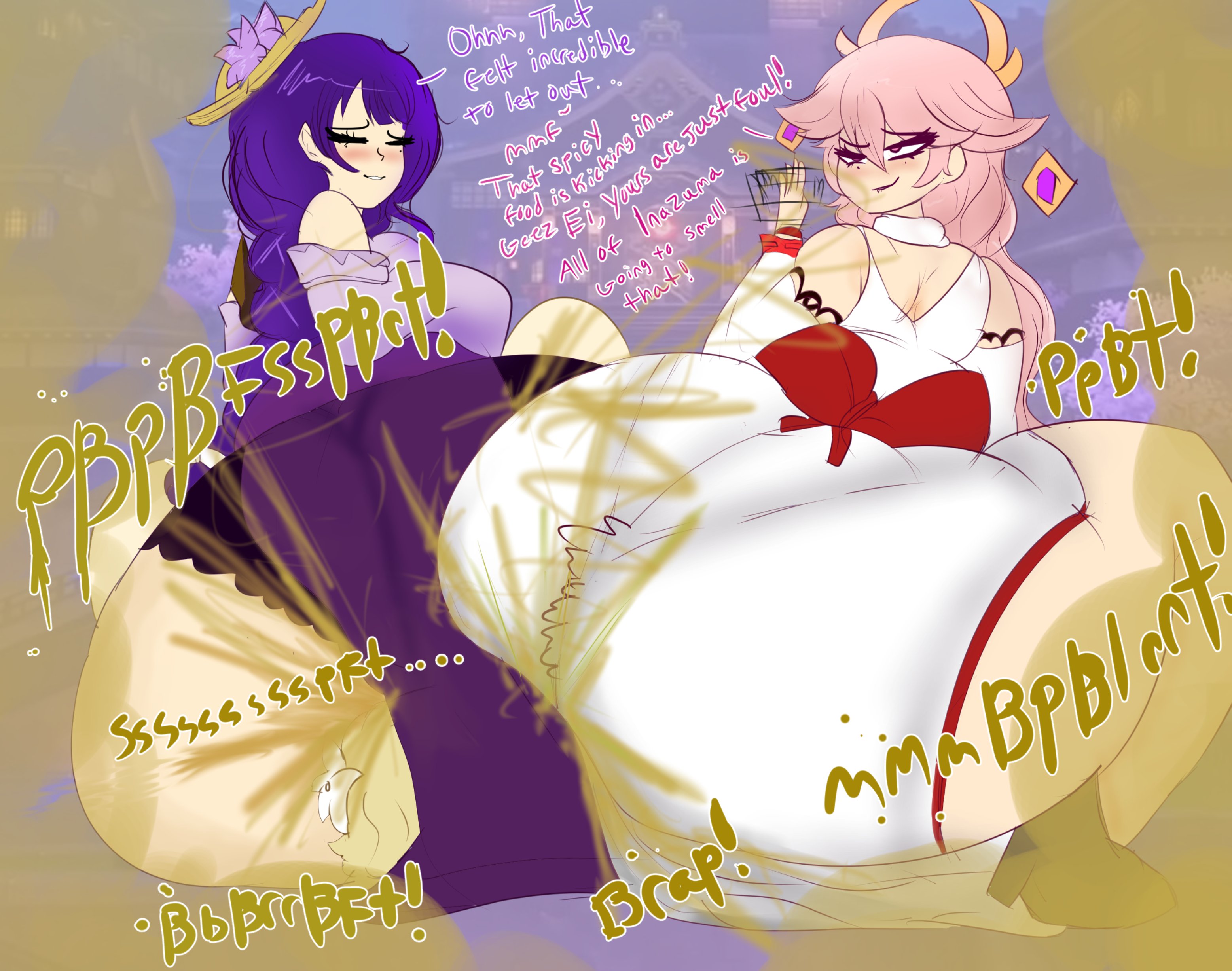 3girls, ass, ass on face, ass to ass, big ass, big butt, biting lip, black panties, blush, braid, braided hair, closed eyes, enjoying farting, enjoying farts, facesitting, fart, fart bukkake, fart fetish, female, genshin impact, looking back, looking pleasured, lumine (genshin impact), melissaalli, multiple females, multiple girls, panties, pink eyes, pink hair, purple hair, raiden shogun, smile, text, thick thighs, yae miko, yuri