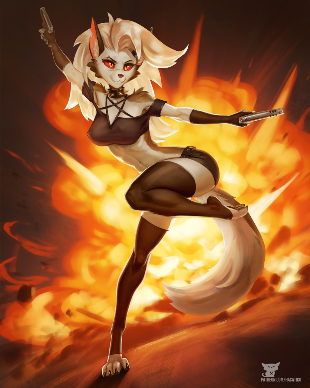 1girls 2022 anthro anthro_only artist_name black_nose black_pupils breasts canine canine_humanoid clothed clothing collar demon dual_pistols dual_wielding ear_tuft explosion eyebrow_piercing eyebrows eyelashes female female_only firearm full_body fur furry furry_female furry_only grey_body grey_fur gun hacatiko hair hellhound helluva_boss long_hair loona_(helluva_boss) mammal mammal_humanoid multicolored_body navel no_humans patreon_url patreon_username paws payreon piercing pose red_sclera shorts solo solo_female spiked_collar standing_on_one_leg tail thighhighs tuft url weapon white_body white_eyes white_fur white_hair white_iris wolf wolf_humanoid