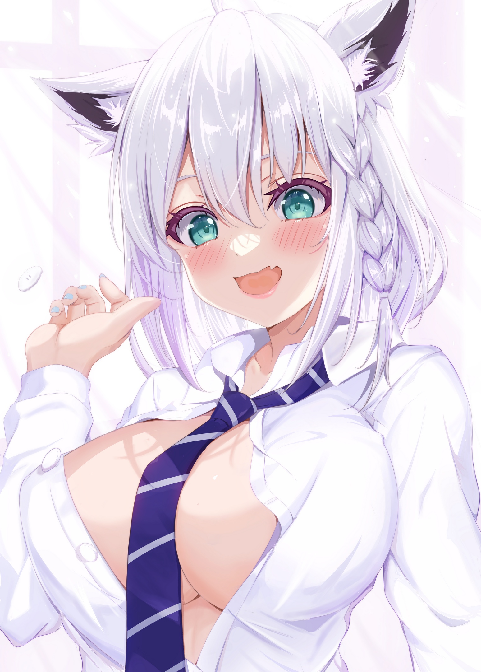 ahoge, animal ear fluff, animal ears, bangs, blush, braid, breasts, cotolet33, eyebrows visible through hair, female, fox ears, fox girl, green eyes, hair between eyes, highres, hololive, hololive gamers, hololive gen 1, hololive japan, huge breasts, long hair, necktie, oerba yun fang, open mouth, shirakami fubuki, sidelocks, simple background, single braid, skin fang, smile, solo, virtual youtuber, white hair