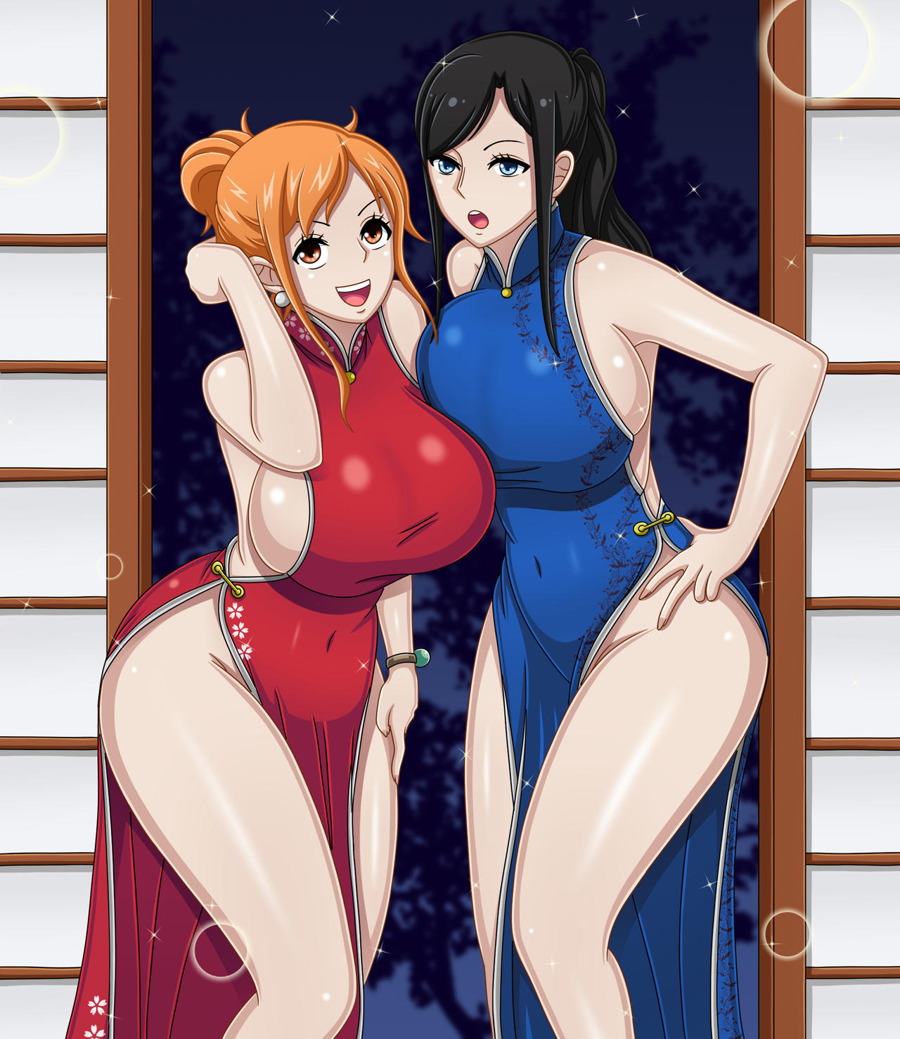 2girls big_breasts china_dress chinese_clothes coresix dress female female_only fully_clothed nami new_year nico_robin one_piece post-timeskip red_dress revealing_clothes sideboob thick_thighs