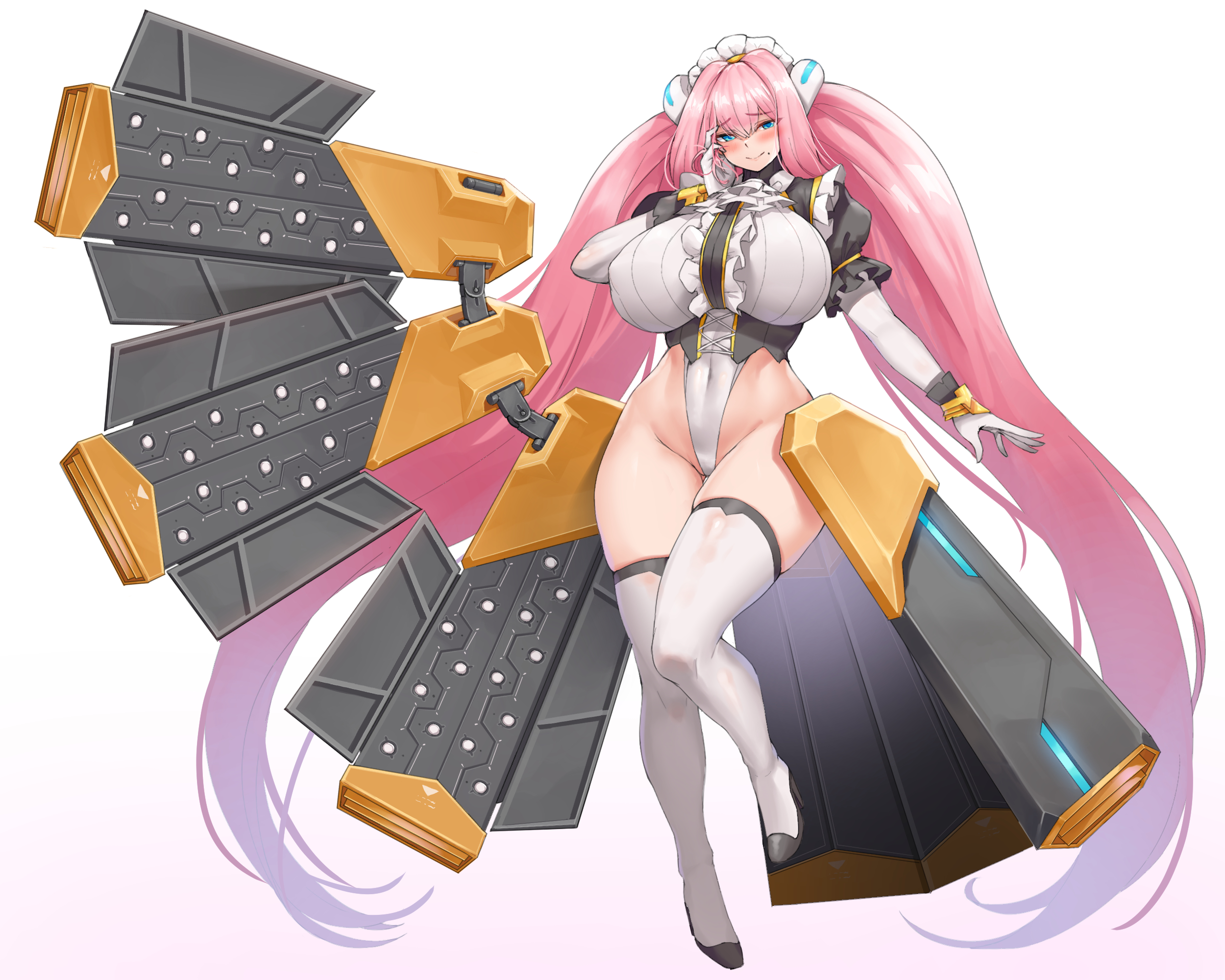 1girls, blue eyes, blush, breasts, cho!cho!, female, hi res, high heels, huge breasts, last origin, long hair, mechanical wings, mole, pink hair, serapias alice, solo, thighhighs, twintails, very long hair, white background, wide hips