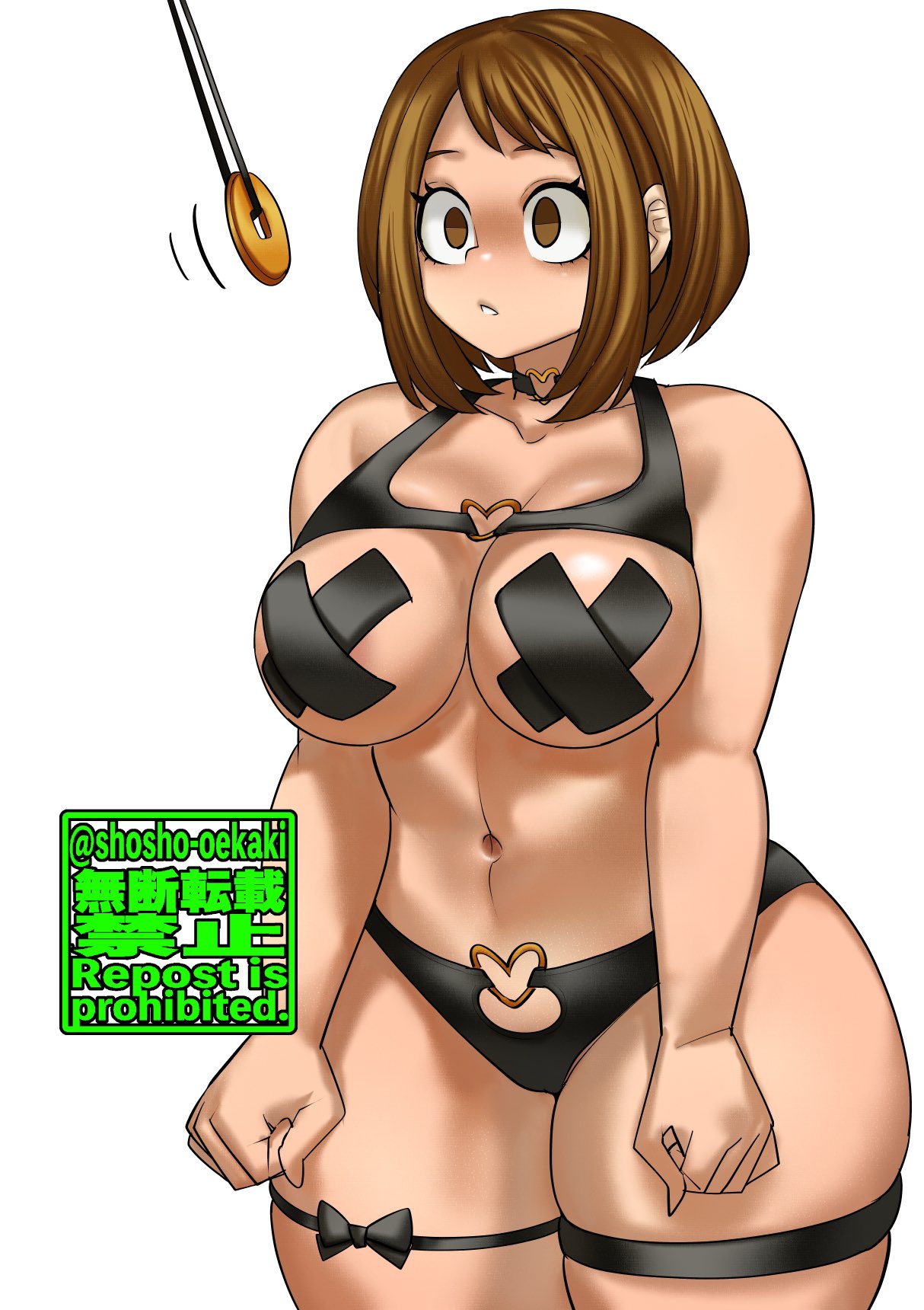 1girls bare_shoulders big_breasts breasts brown_eyes brown_hair choker cleavage empty_eyes hypnosis large_breasts mind_control my_hero_academia navel nipple_tape ochako_uraraka pasties short_hair shosho_oekaki simple_background solo solo_female tape_pasties thick_thighs voluptuous white_background