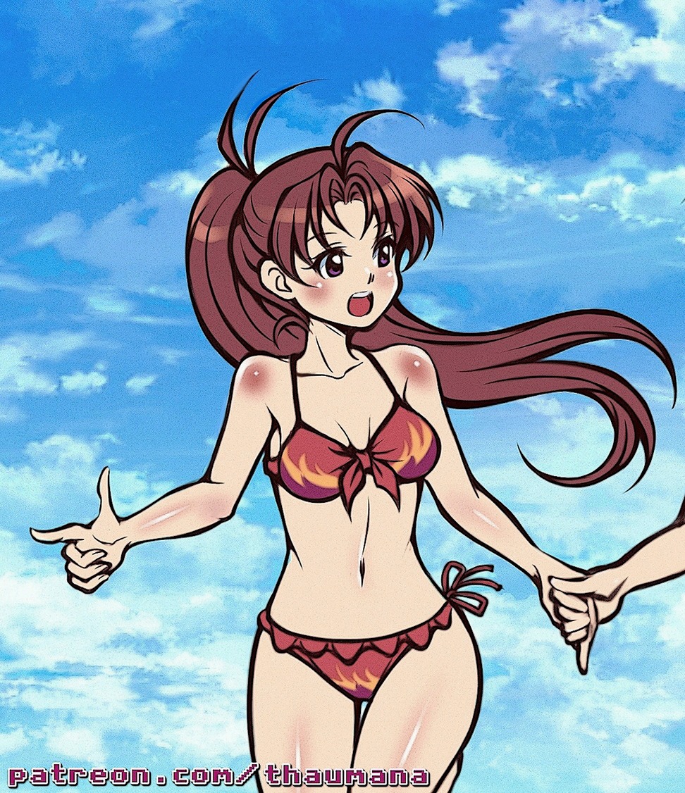 1girls bikini blush brown_eyes camelot golden_sun jenna jenna_(golden_sun) large_breasts light_skin long_hair nintendo octoppoi ponytail red_hair side-tie_bikini thaumana