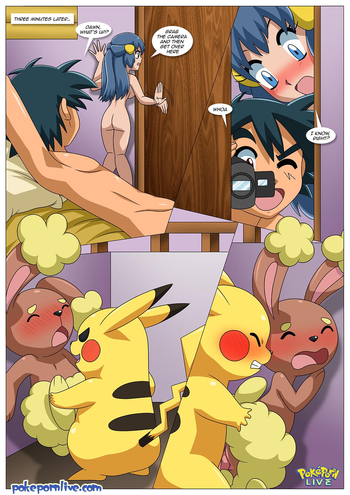 anthro ash_ketchum ass bbmbbf blush buneary camera closed_eyes comic dawn_(pokemon) double_hit_(comic) female male male/female nintendo nude open_mouth palcomix penis pikachu pokémon_(species) pokemon pokepornlive pussy satoshi_(pokemon) sex tongue vaginal_penetration vaginal_sex