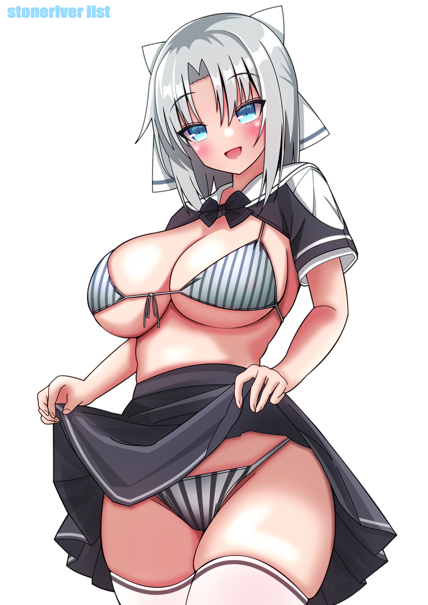 bikini_under_clothes black_and_white_bikini blue_eyes blush eyebrows_visible_through_hair flashing grey_hair looking_at_viewer open_mouth partially_clothed senran_kagura skindentation skirt skirt_lift smile stoneriver striped_bikini tights yumi_(senran_kagura)