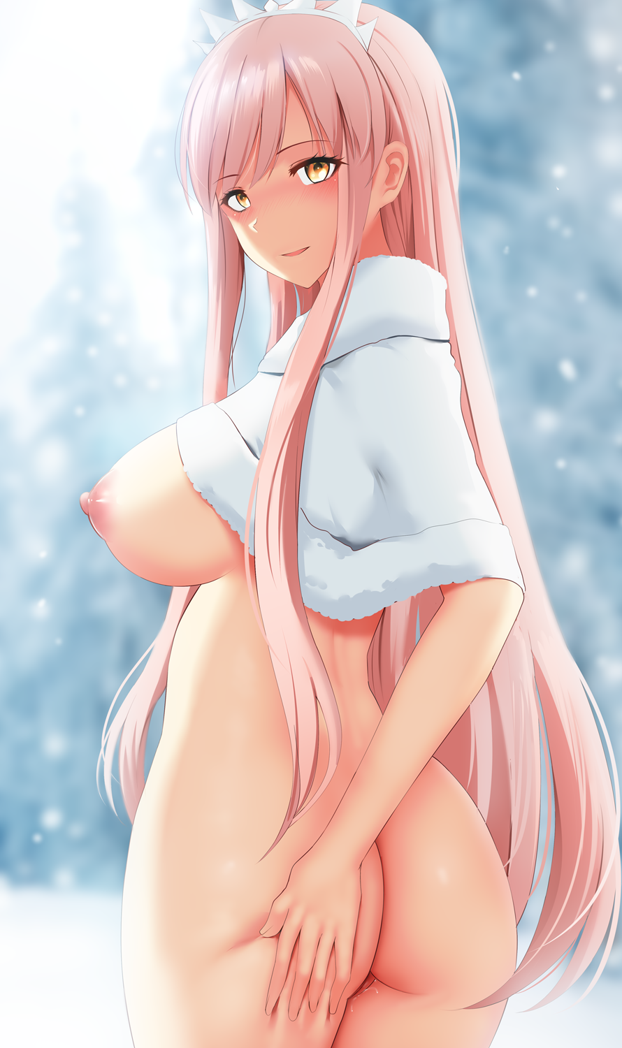 ass, breasts, completely nude, fate (series), fate/grand order, female, ginhaha, hand on ass, looking at viewer, looking back, medb (fate), nipples, nude, pink hair, sideboob, snowing, yellow eyes