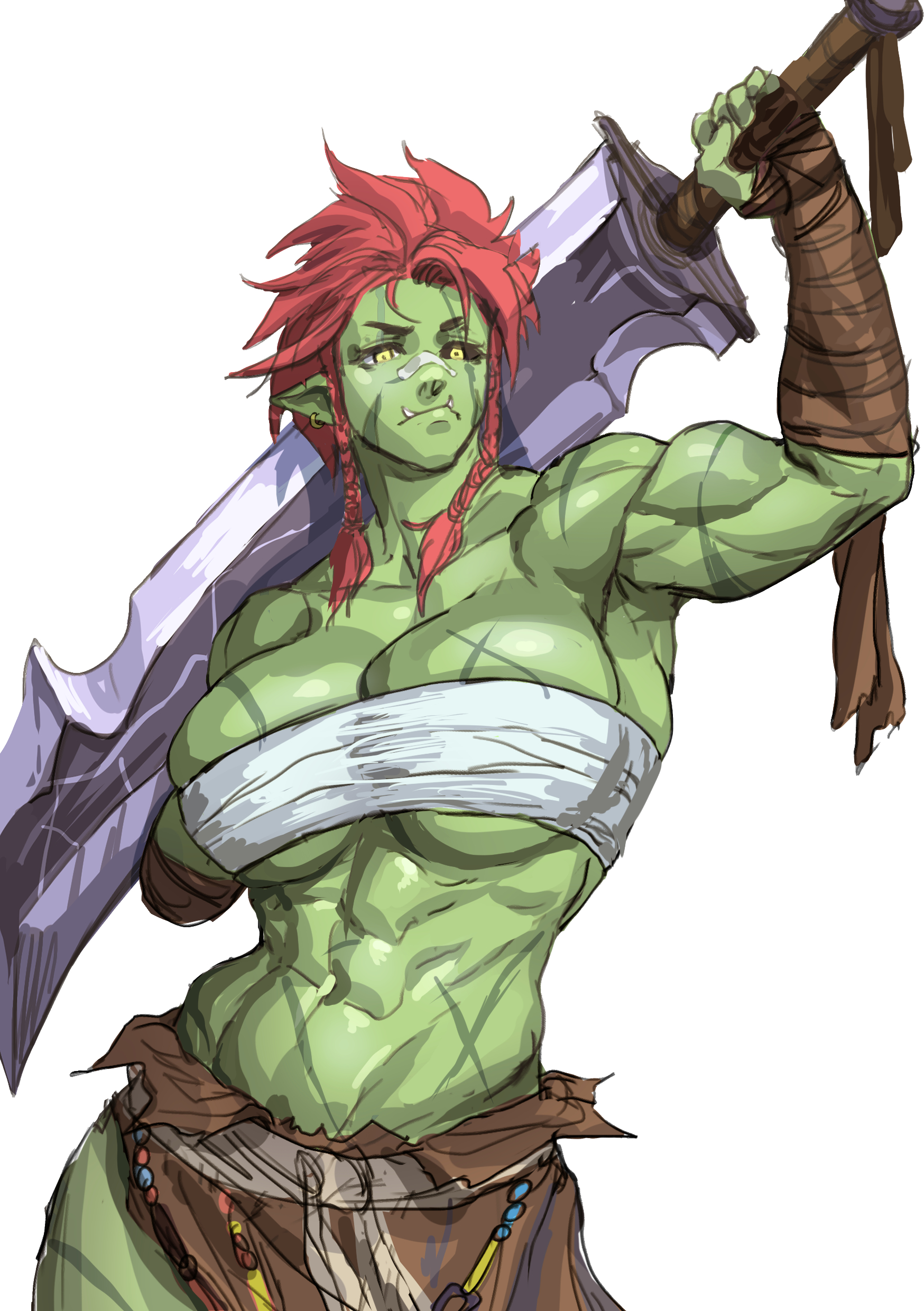 abs, artist request, big breasts, breasts, cassandra (virgoart1509), female, green skin, looking at viewer, muscular, muscular female, orc, orc female, red hair, scar, scars, sword, virgoart1509