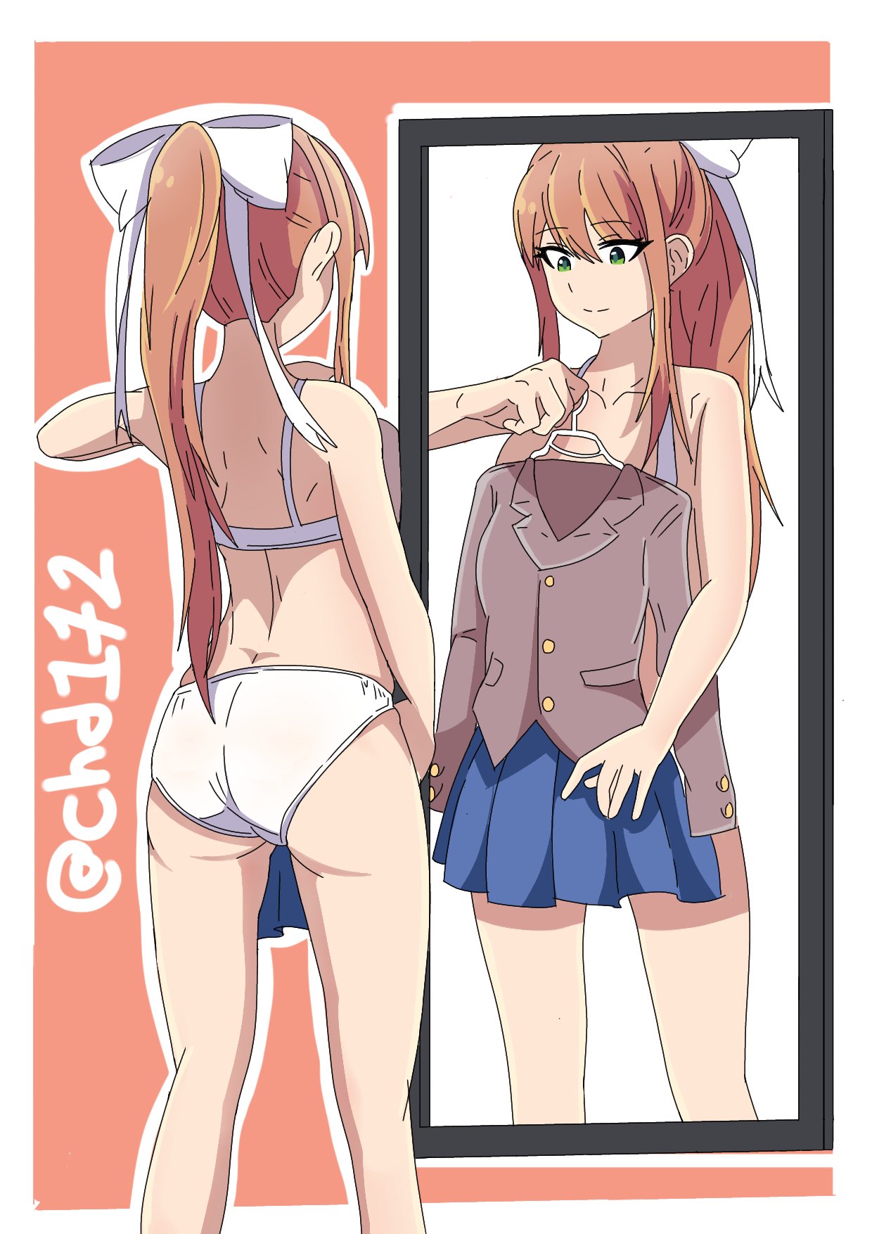 1girls artist_name ass back blue_skirt bow bra brown_hair butt chd172_(artist) chrisdorian chrisdorian17_(artist) doki_doki_literature_club female getting_dressed green_eyes hair hair_bow hair_ribbon hairbow hanger holding_clothes holding_clothing long_hair mirror monika_(doki_doki_literature_club) panties skirt solo solo_female standing underwear watermark white_bow white_bra white_hair_bow white_panties