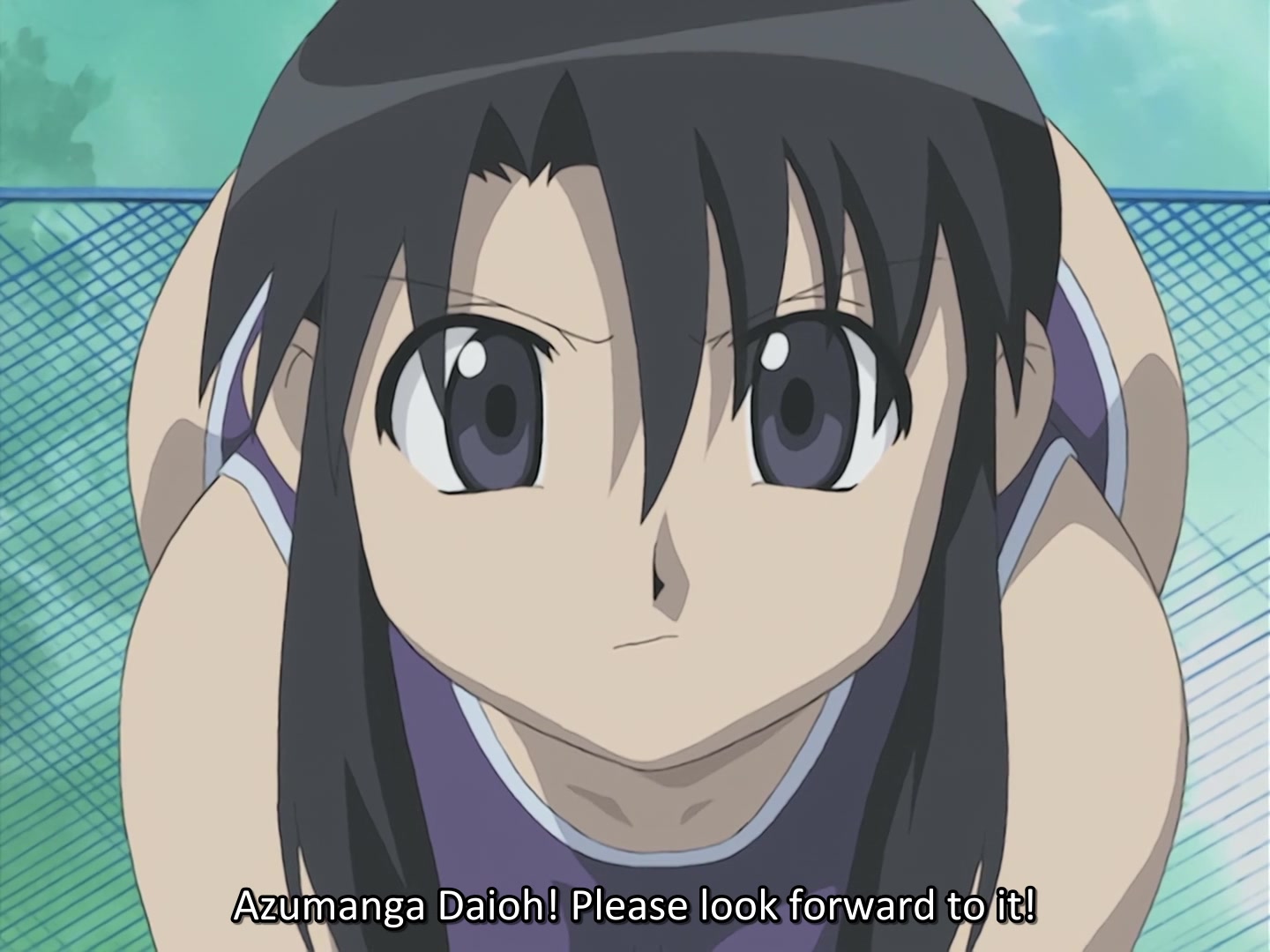 1girls, ass, azumanga daiou, bare shoulders, bent over, big ass, big butt, blue eyes, bottom heavy, female, fence, front facing with ass, hip focus, j.c. staff, large ass, long hair, looking at viewer, nyamo minamo kurosawa, official art, outdoors, outside, please look forward to it, pov, screencap, screenshot, short hair, solo, swimsuit, top-down bottom-up, wide hips