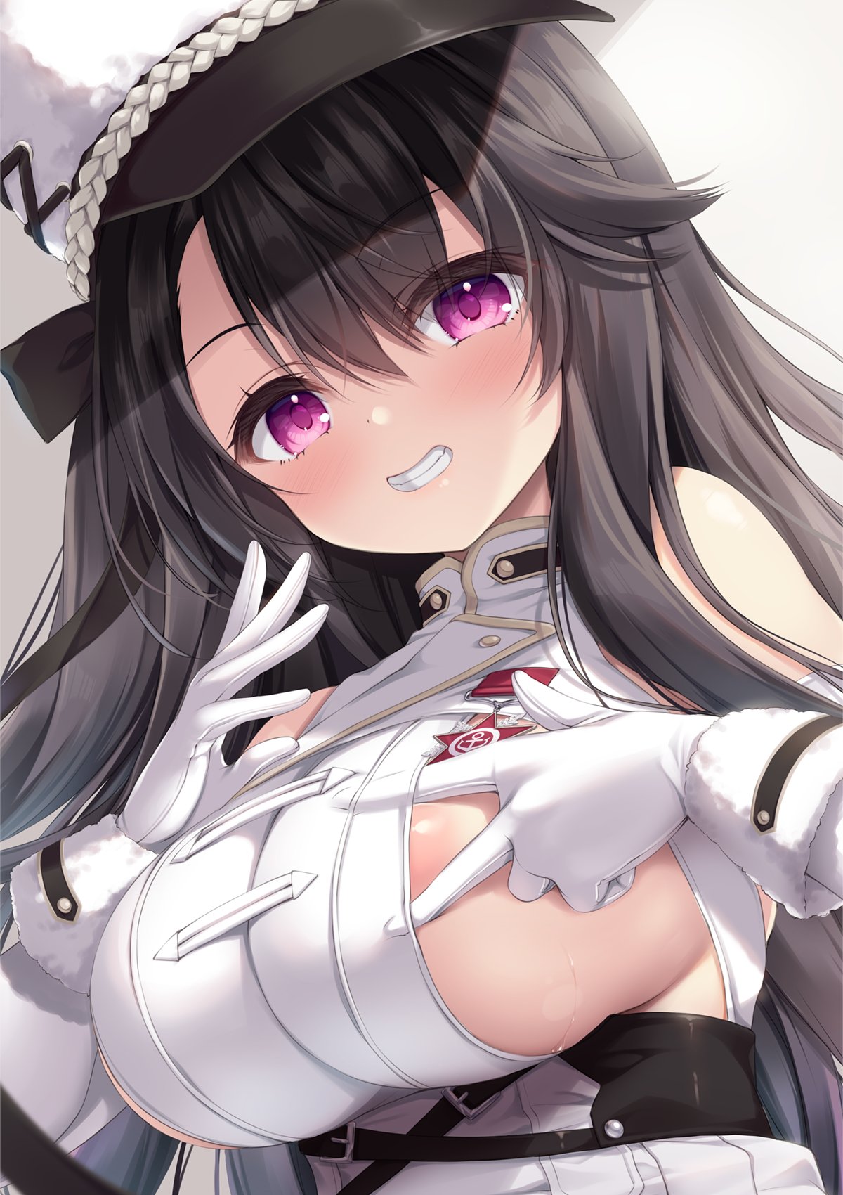 1girls areola_slip areolae azur_lane bangs bare_shoulders black_hair blush breasts eyebrows_visible_through_hair female fur-trimmed_gloves fur_trim gloves grin hair_between_eyes hair_flaps hat highres large_breasts light-skinned_female light_skin long_hair looking_at_viewer mikagami_mamizu northern_parliament_(azur_lane) pamiat_merkuria_(azur_lane) pamiat_merkuria_(retrofit)_(azur_lane) purple_eyes retrofit_(azur_lane) sideboob sidelocks smile solo sweat teeth upper_body white_gloves white_headwear