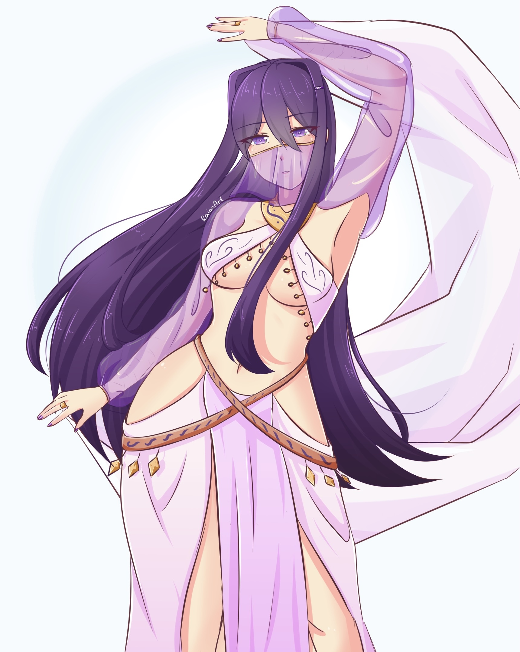 1girls, armpits, ass, belly, belly button, belly dancer, belly dancer outfit, big breasts, blush, breasts, dance, dancer, dancer outfit, dancing, doki doki literature club, exposed breasts, exposed thighs, female, female only, hair, hairclip, harem outfit, hips, large ass, large breasts, long hair, loose clothes, mouth veil, purple clothing, purple eyes, purple hair, raionart, ring, rope, see-through, shaking, shaking ass, shaking butt, shaking hips, shy, thick thighs, thighs, underboob, veil, wide hips, wiggle, wiggling, yuri (doki doki literature club)