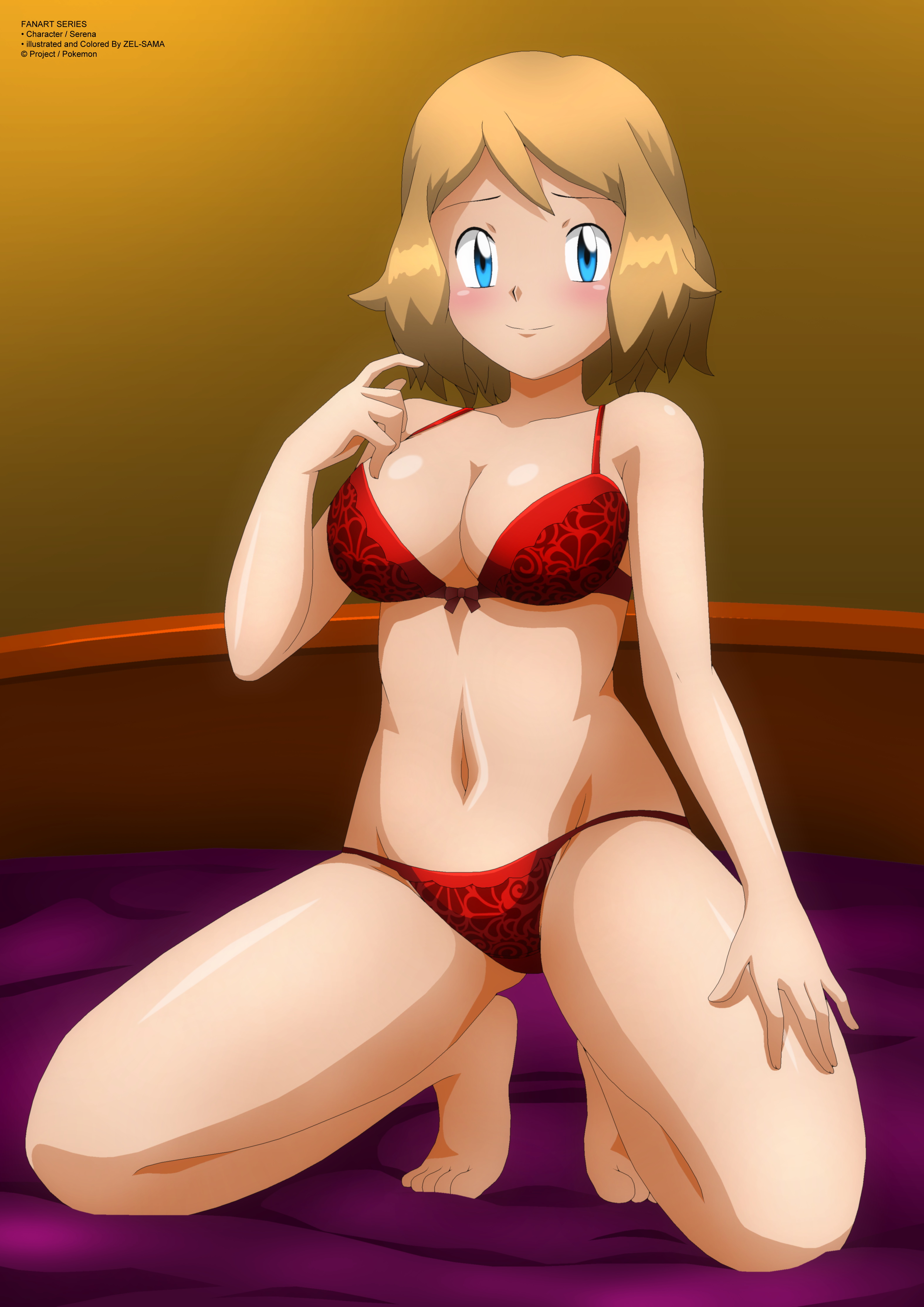 1girls, blonde, blonde female, blonde hair, blonde-haired female, blue eyes, blush, blushing, bow bra, bra, female, game freak, hand on thigh, hand on thighs, hands on thighs, looking at viewer, nintendo, panties, pokemon, pokemon xy, red bra, red panties, red underwear, serena (pokemon), smile, smiling, solo, staring at viewer, underwear, underwear only, zel-sama