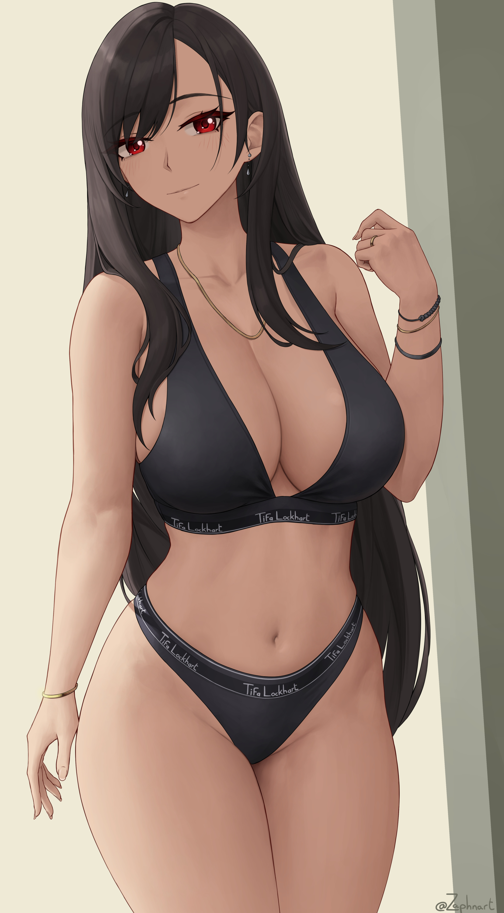 1girls, big breasts, black hair, breasts, curvy, curvy figure, female, female only, final fantasy, final fantasy vii, hi res, highres, large breasts, long hair, looking at viewer, navel, red eyes, solo, solo female, thick, thick thighs, tifa lockhart, voluptuous, zaphn