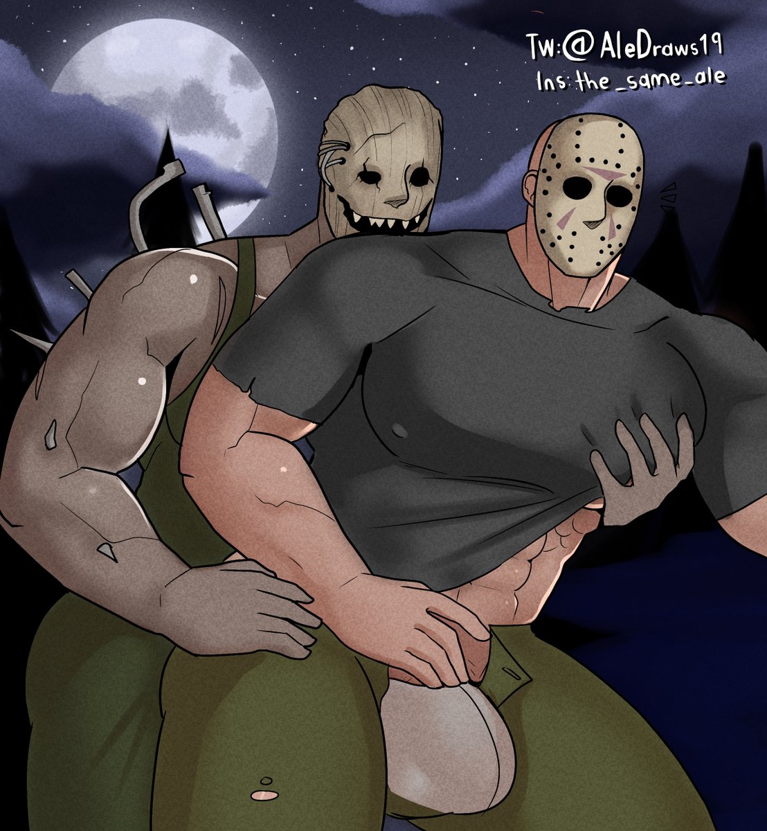 2boys aledraws19 bulge dead_by_daylight erection_under_clothes flaccid friday_the_13th gay jason_voorhees male male/male male_only muscular muscular_male outside pecs tagme the_trapper touching yaoi