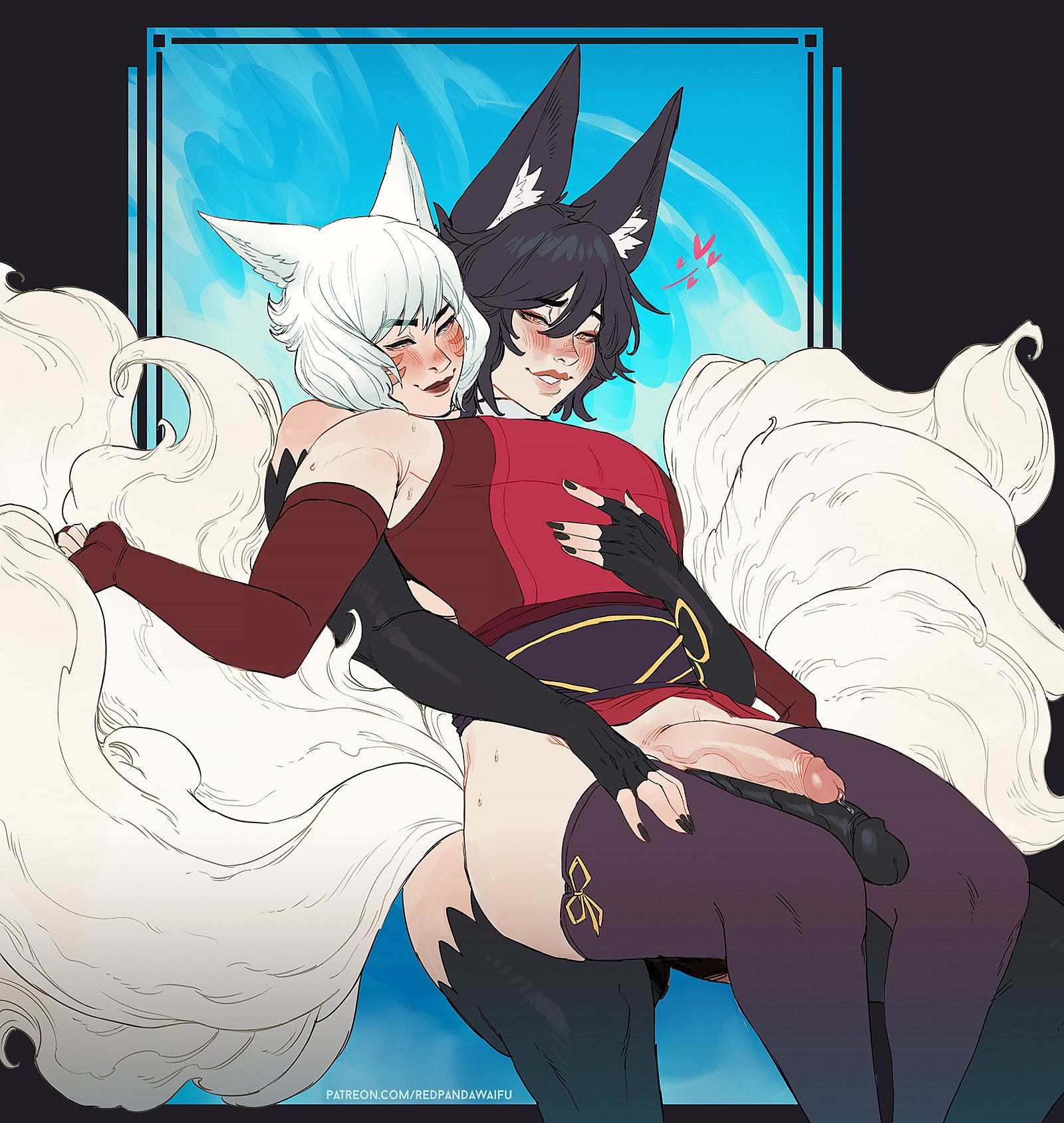 2boys, arm gloves, black hair, blush, femboy, femboy on femboy, fluffy tail, fox ears, fox tail, girly, kemonomimi, light skin, light-skinned male, male, male only, multi tail, narrowed eyes, original, penis, redpandawaifu, sitting, sitting on lap, smiling, tail, tails, thighhighs, white hair, yaoi