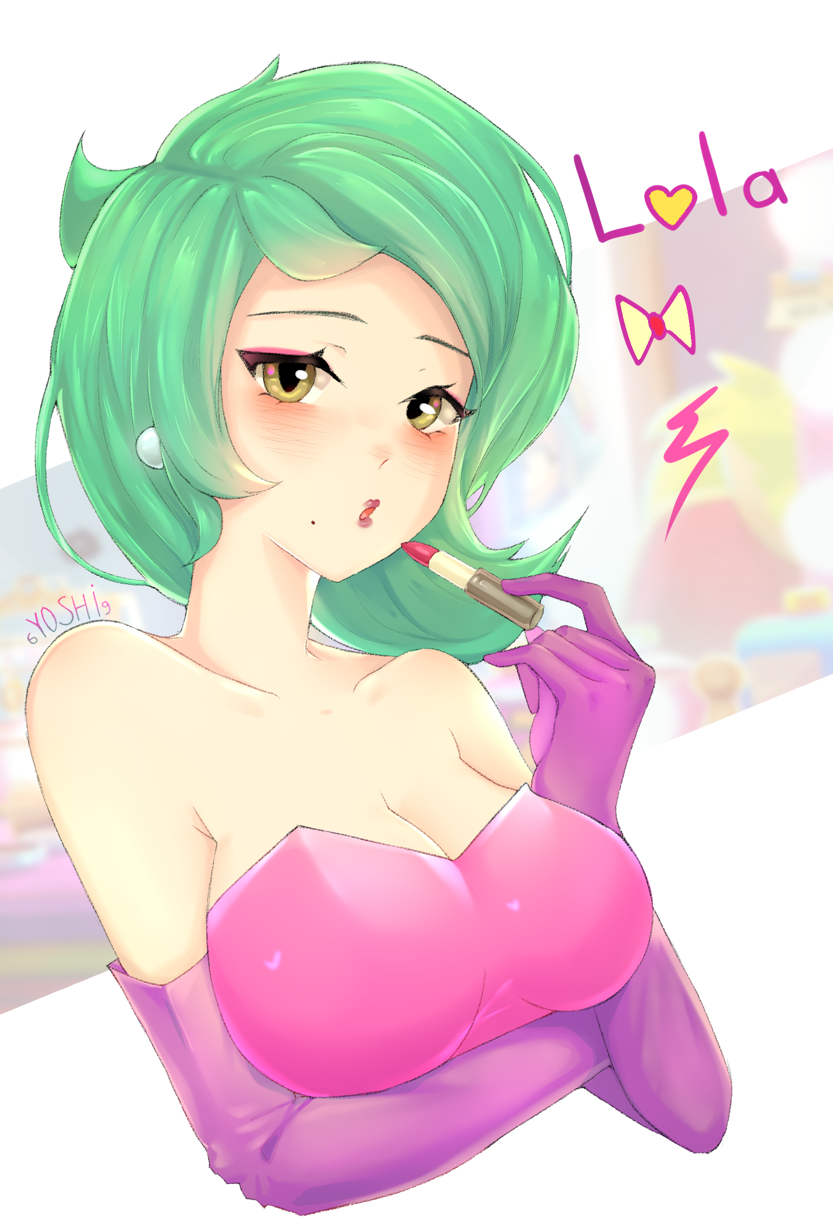 1girls, 6yoshi9, armwear, brawl stars, breasts, color, colored, covered breasts, female, female only, green hair, lipstick, lola (brawl stars), solo, solo female, tagme, text, watermark