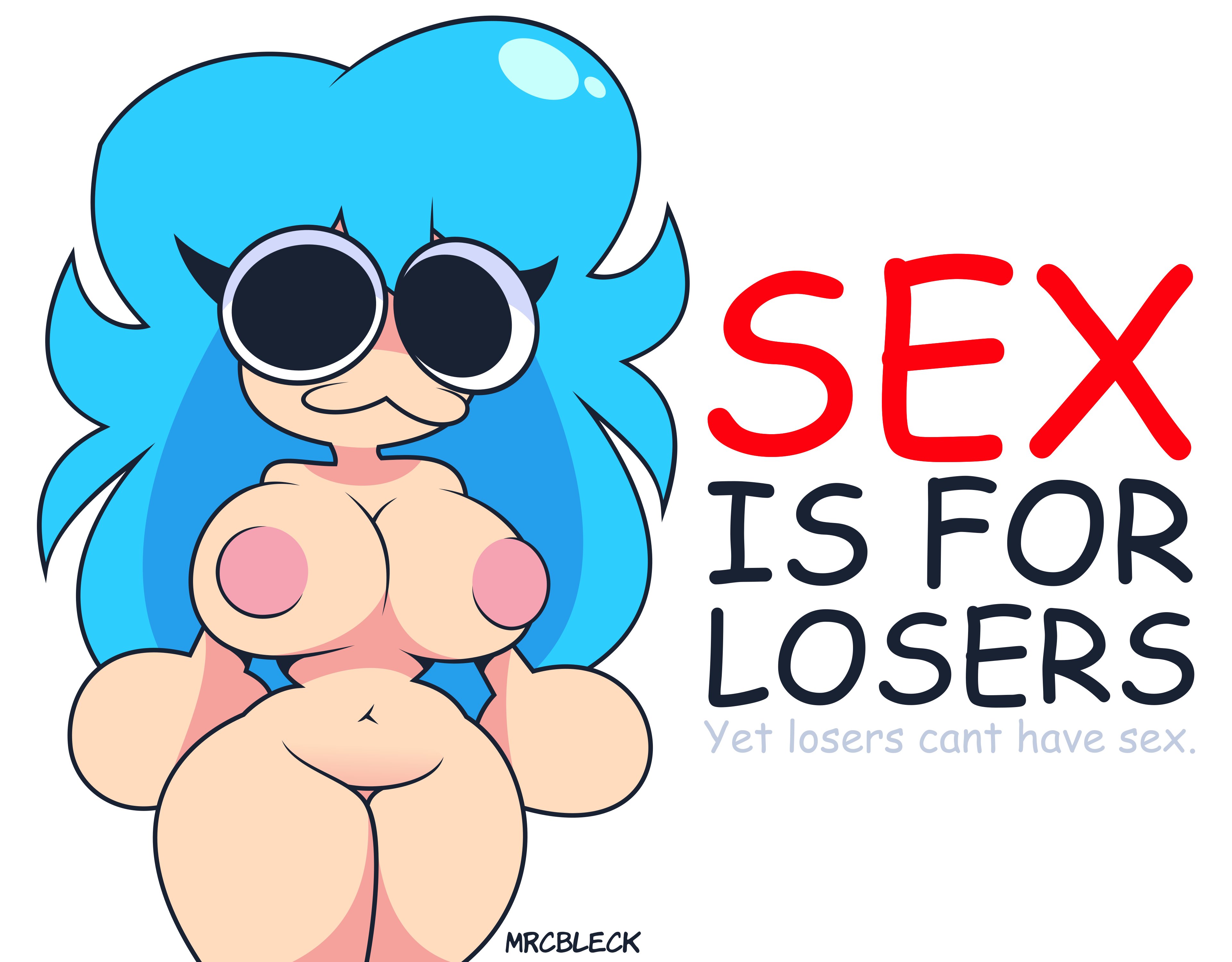:3, 1girls, big eyes, blue hair, female, female only, friday night funkin, looking at viewer, mrcbleck, naked, nipples, nude, simple background, ski (friday night funkin), sky (friday night funkin), skyverse, staring at viewer, tagme, text, tits, white background, white skin, wide hips