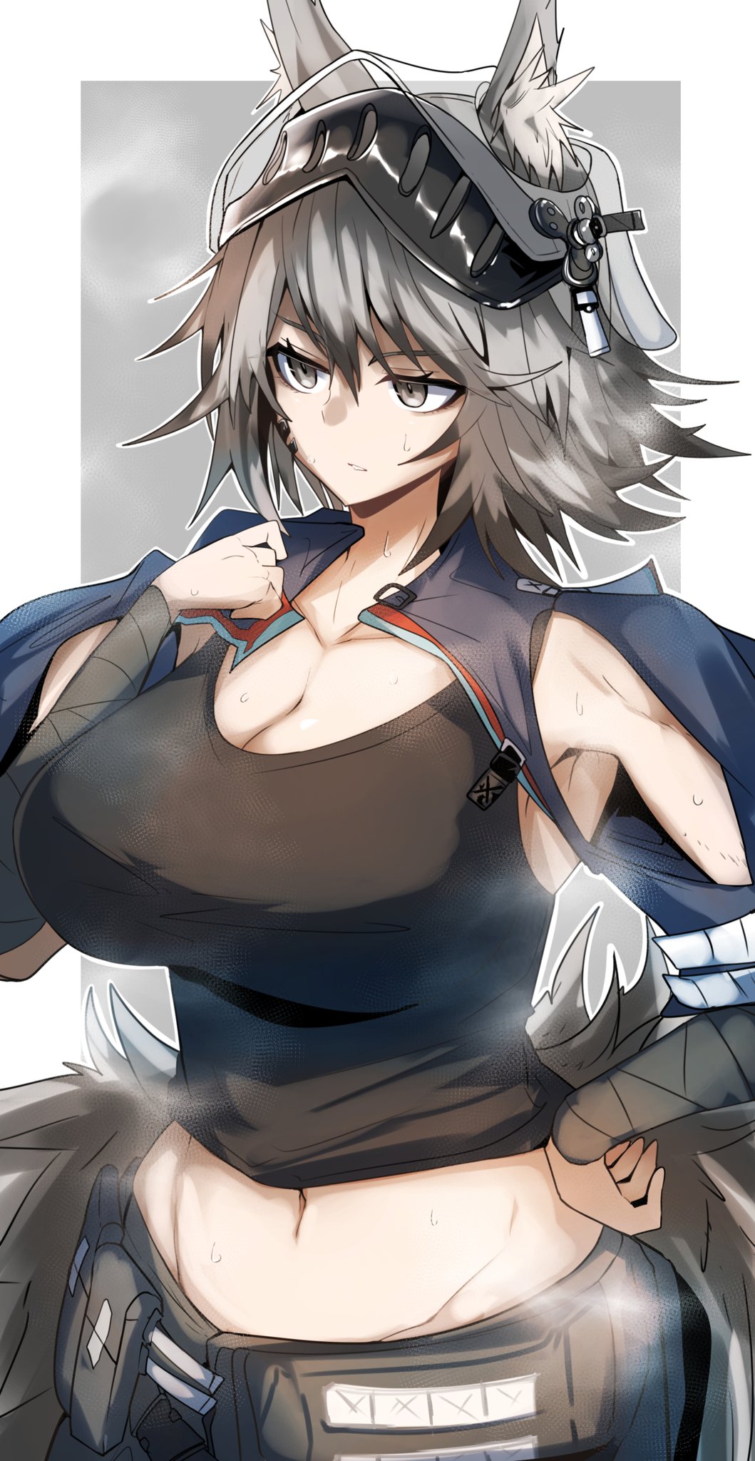 animal_ears arknights ashlock_(arknights) big_breasts cleavage curvy female_knight gin_moku grey_eyes grey_hair huge_breasts knight mature_female pale-skinned_female pale_skin short_hair stomach sweat sweaty wide_hips