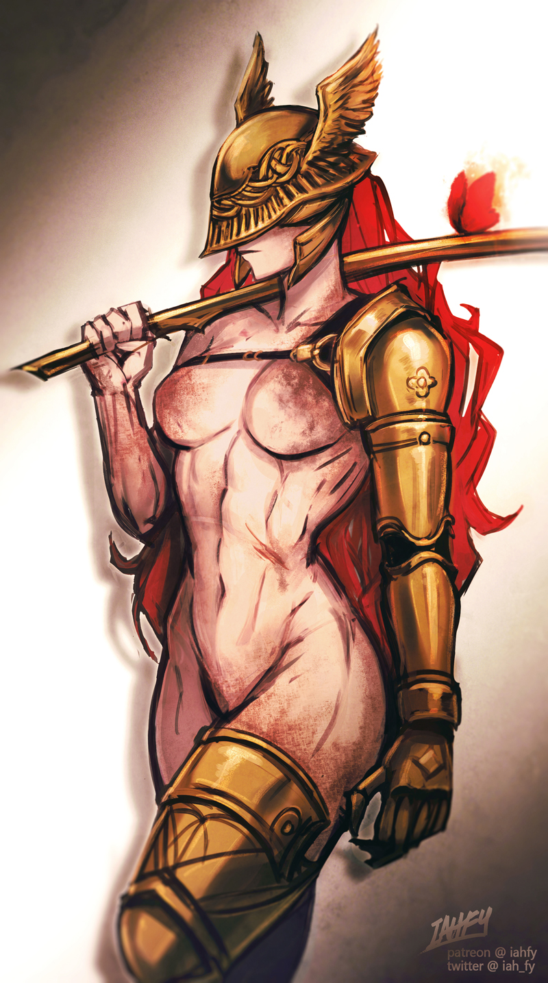 1girls abs areolae barbie_doll_anatomy breasts casual_nudity elden_ring eyes_covered female female_only fromsoftware helmet hourglass_figure iahfy long_hair malenia_blade_of_miquella medium_breasts mostly_nude prosthetic prosthetic_arm red_hair small_breasts solo solo_female toned_female weapon