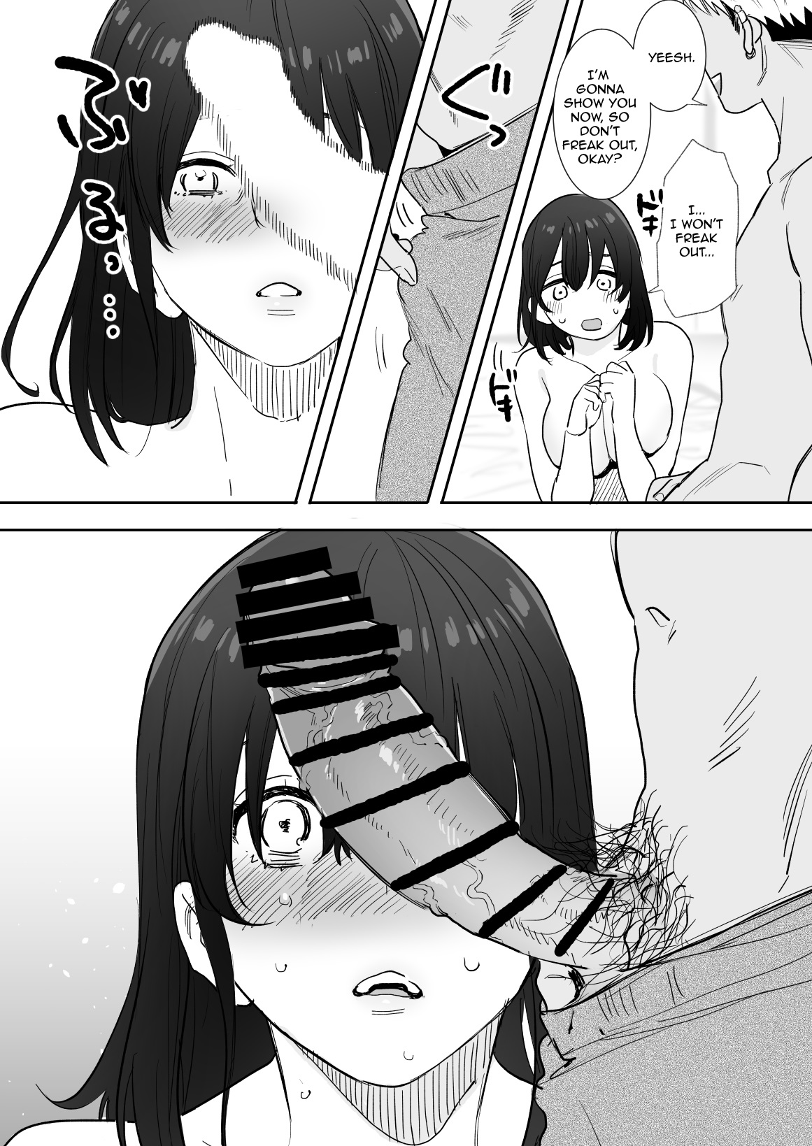 blush, censored, censored penis, cock shock, dialogue, english text, female, male, penis, penis awe, pubic hair, sweat, syuntyu katze, text