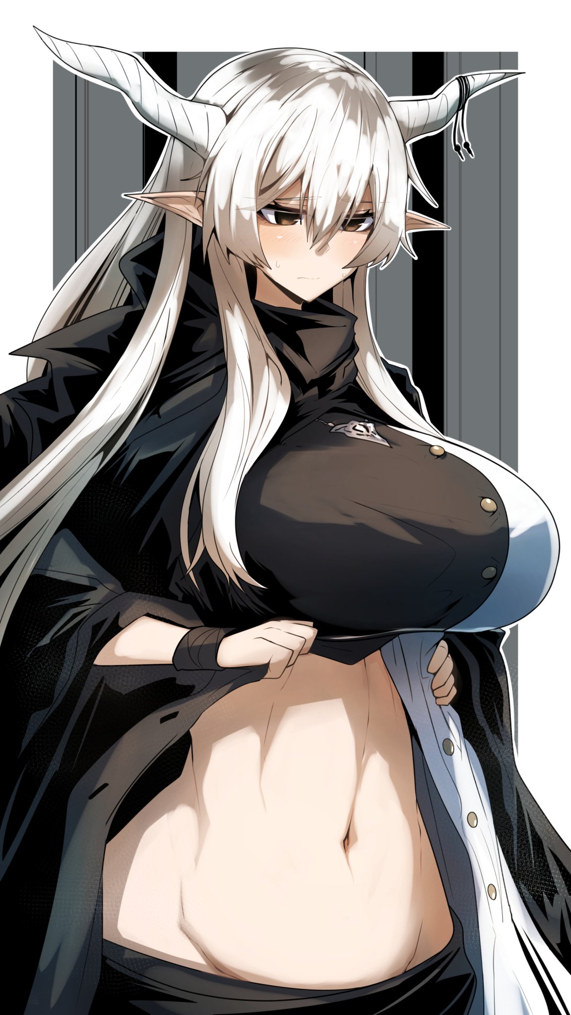 arknights big_breasts blush curvy embarrassed exposing_self gin_moku horns huge_breasts lifting_clothing long_hair looking_down mature_female midriff pale-skinned_female pale_skin pointy_ears robe shining_(arknights) silver_hair wide_hips