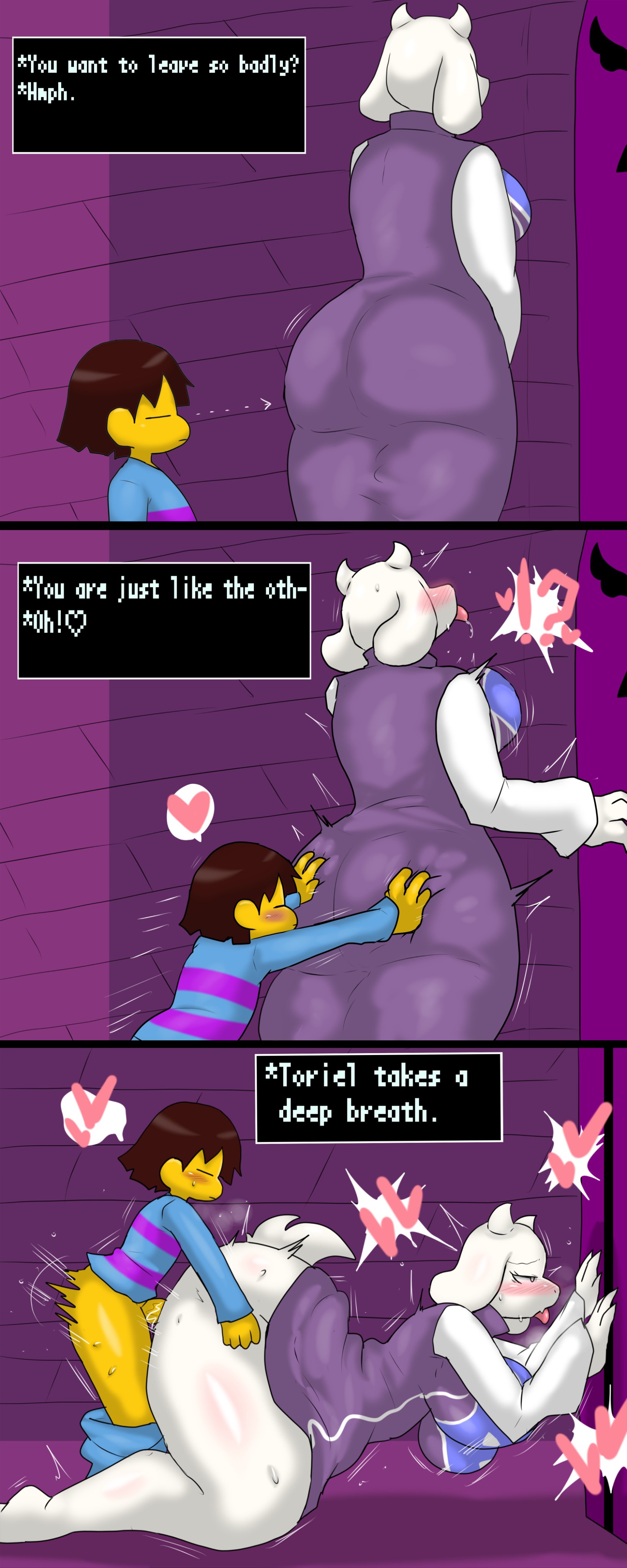 !, !?, ?, 1boy, 1girls, 2d, anthro, ass, ass grab, ass in dress, breasts, english text, enigi09, female, frisk, fucked silly, furry, game ui, heart, human, humanoid, looking at ass, looking back, male, male frisk, pants, pants down, penis, pleasure without expression, rape, sex, sex from behind, surprised, tagme, tail, talking, toriel, undertale, undertale (series)