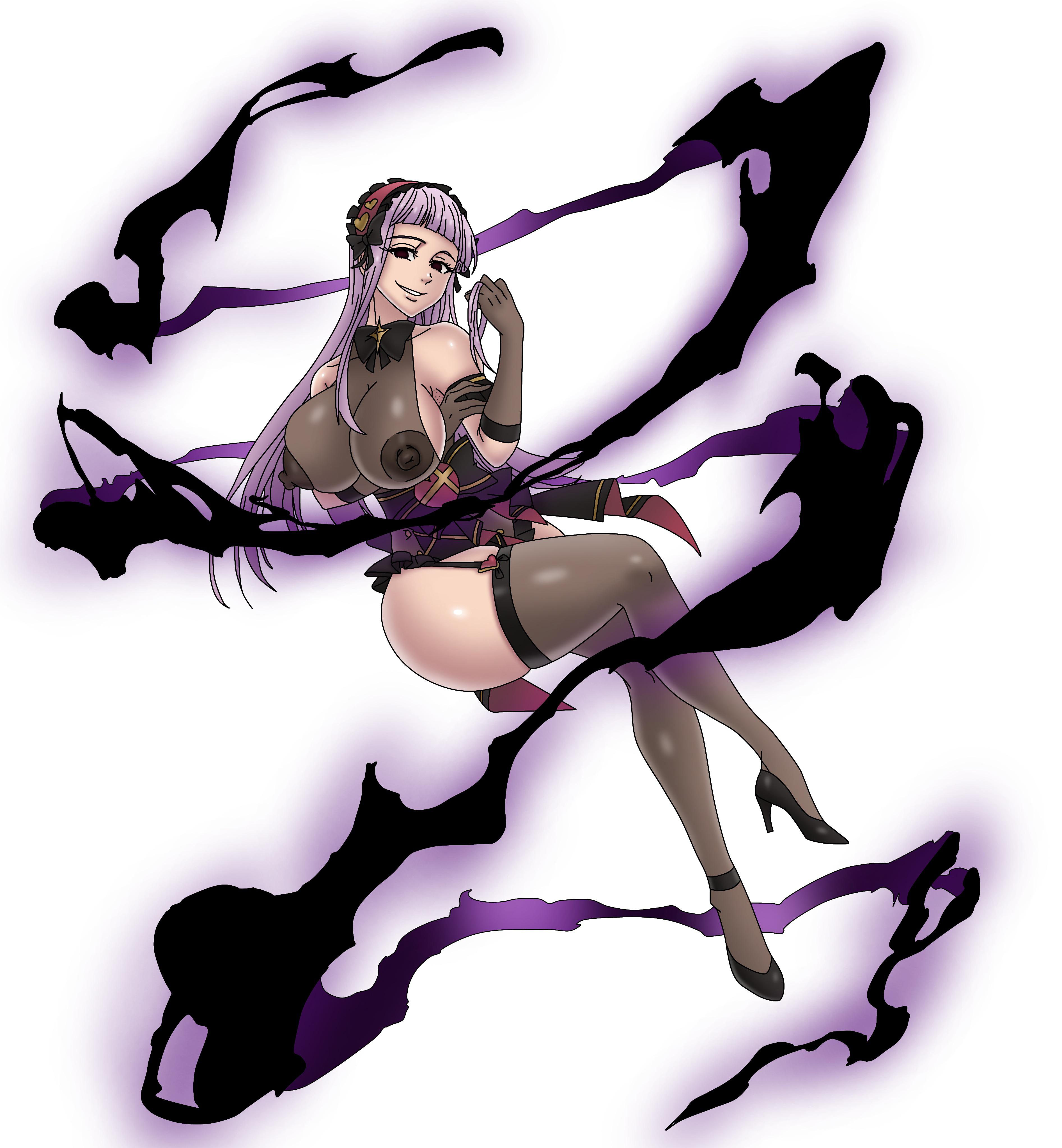 ass, big ass, big nipples, breasts, chimeraindura, demon, edit, female, large breasts, melascula, melascula (dark outfit), nanatsu no taizai, purple hair, see-through clothing, stockings, thick thighs, thighhighs