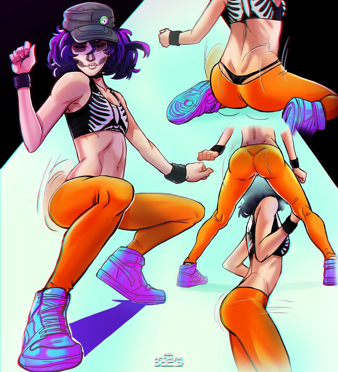 1girls 2019 andava andavaverse ass ass_focus ass_shake big_ass bouncing_ass bubble_butt choker closed_eyes clothing facepaint female female_only hat kneeling large_ass makeup motion_lines on_knees panties pelo purple_hair shoes sneakers solo squatting tank_top thong tight_clothing twerking wristband