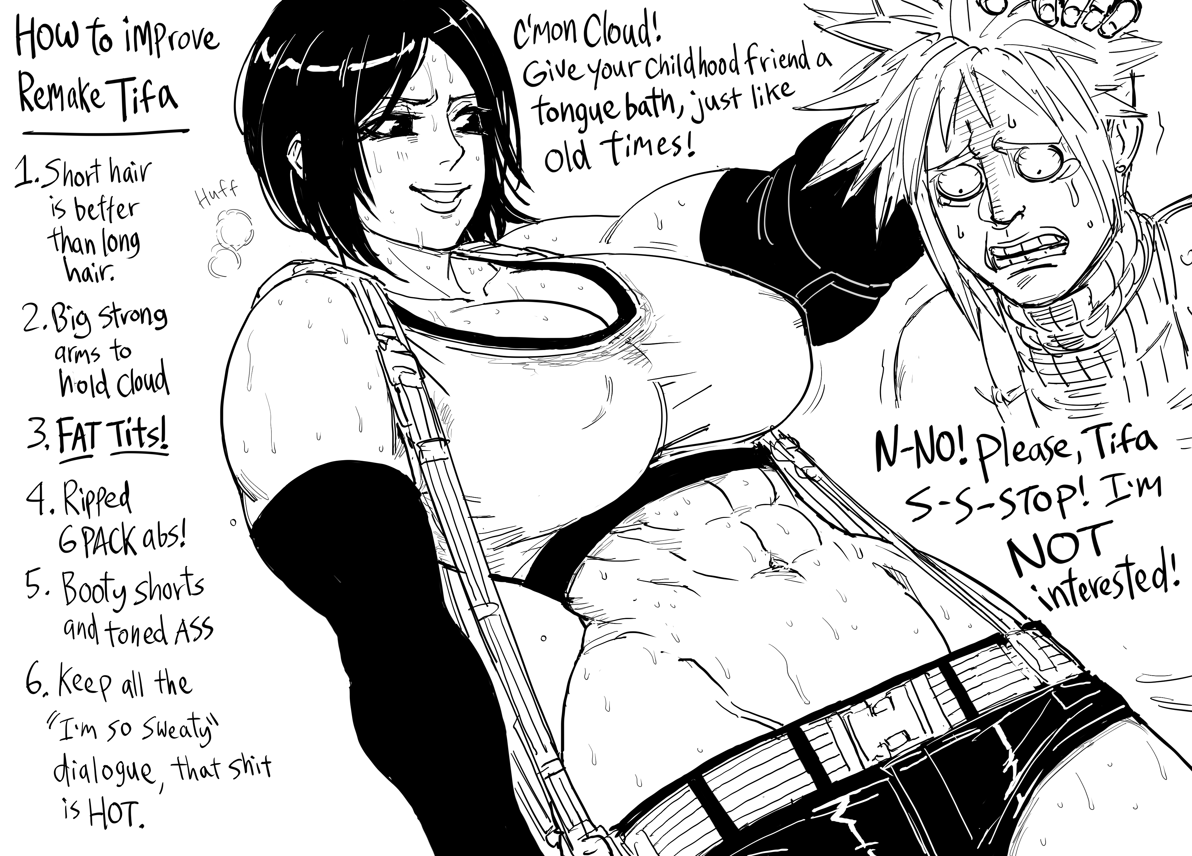 1boy, 1girls, abs, bb (baalbuddy), big breasts, breasts, cloud strife, comedy, female, final fantasy, final fantasy vii, final fantasy vii remake, funny, huge breasts, male, midriff, monochrome, muscles, muscular, muscular female, short black hair, short hair, square enix, sweat, tifa lockhart, tomboy, tomboyified