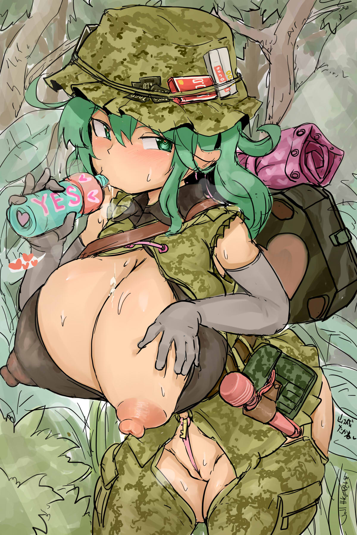 belt belt_pouch bottle box bra breasts camouflage camouflage_headwear condom_box covered_nipples drinking female gloves green_eyes green_hair heart heart-shaped_pupils hibachi_(object) highres huge_breasts jacket key large_areolae medium_hair military_uniform okiraku_nikku open_clothes open_jacket panties pouch see-through sleeveless sleeveless_jacket spilling string_panties sweat symbol-shaped_pupils takane_yamashiro touhou underwear water_bottle