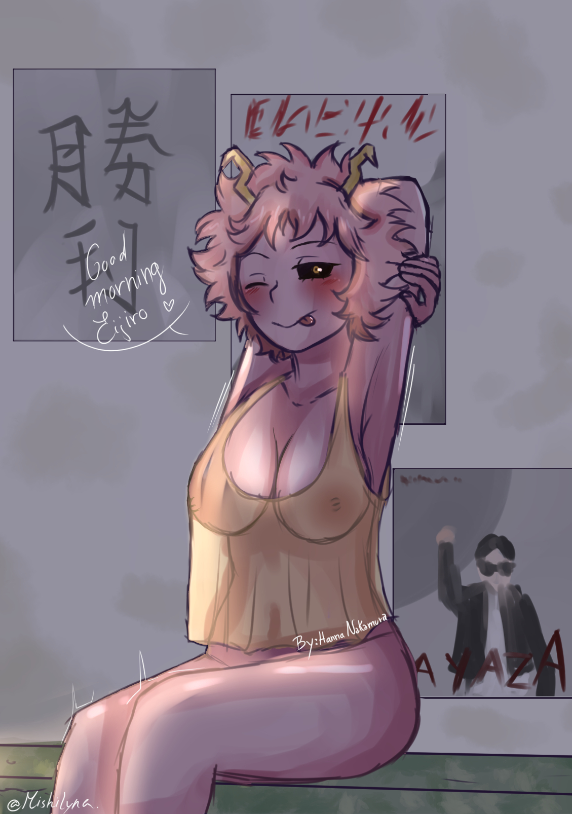 1girls, alien girl, bed, breasts, english text, female, mina ashido, my hero academia, nipples, pink hair, pink skin, pink-haired female, room, text