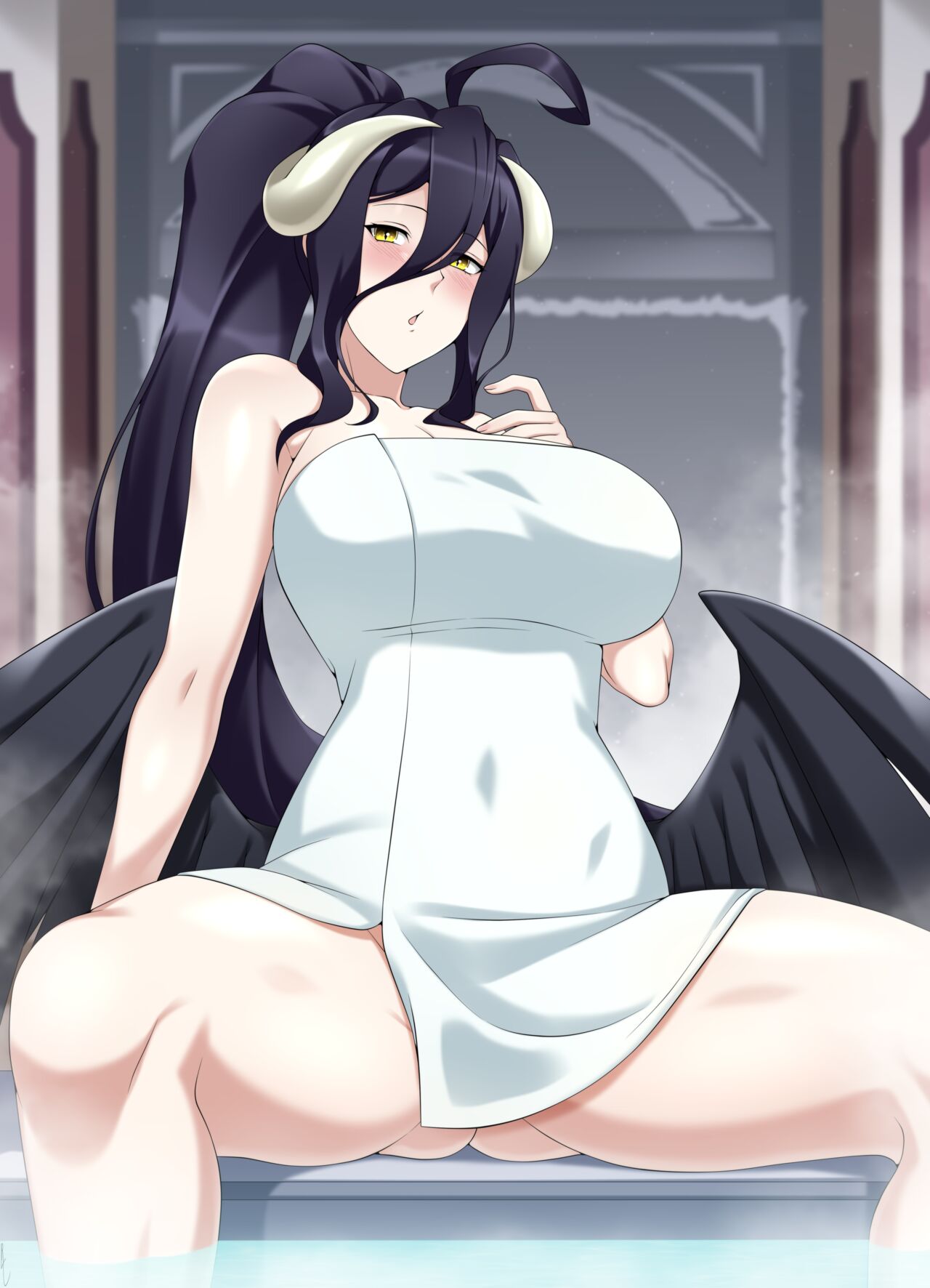 albedo (overlord), demon, female, horns, lindaroze, overlord (maruyama), succubus, succubus horns, towel