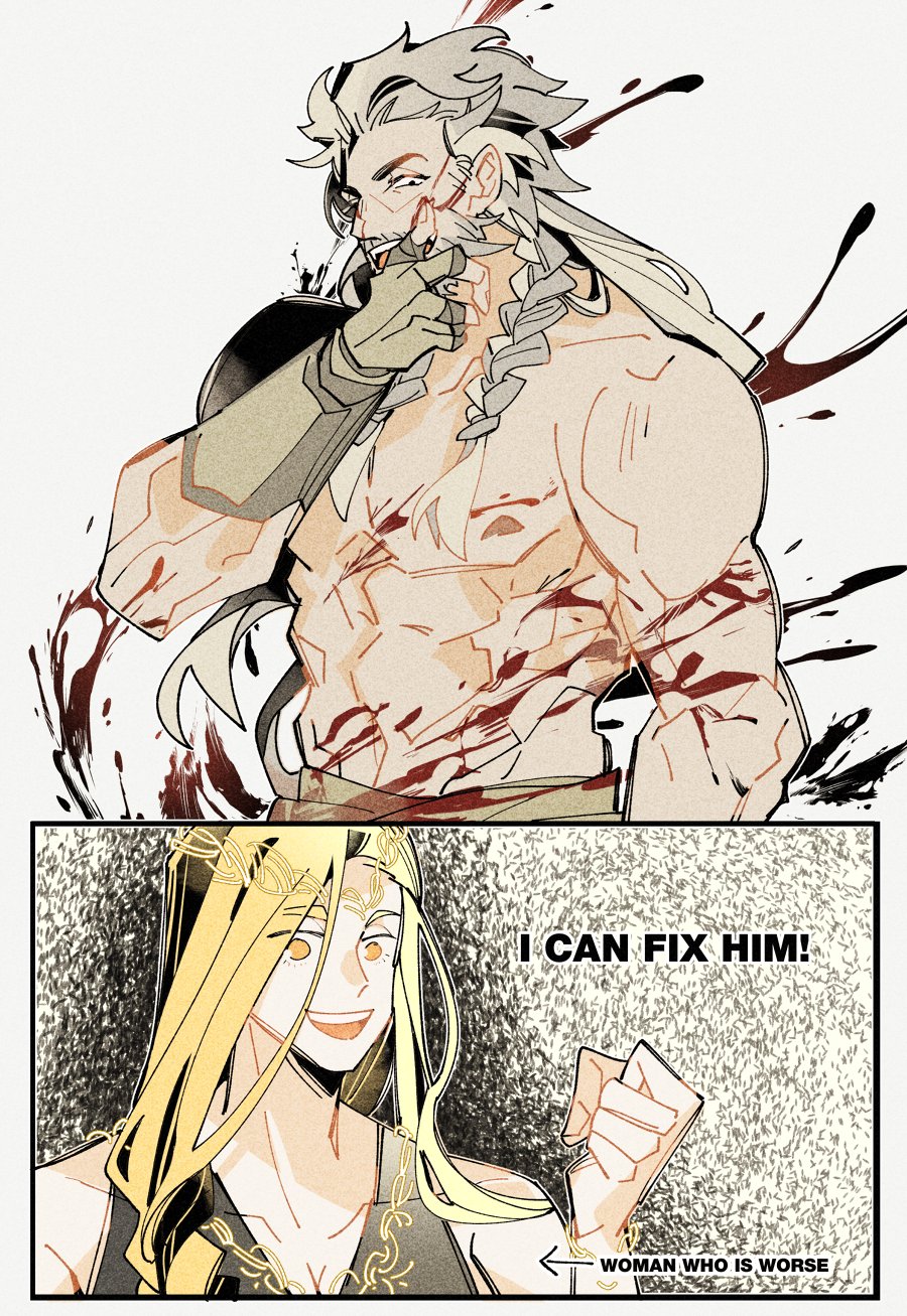 1boy, 1girls, albi, bara, big breasts, blood, breasts, canon couple, cleavage, dialogue, elden ring, female, fromsoftware, godfrey first elden lord, male, male focus, muscular, muscular male, queen marika the eternal, topless, yaoi