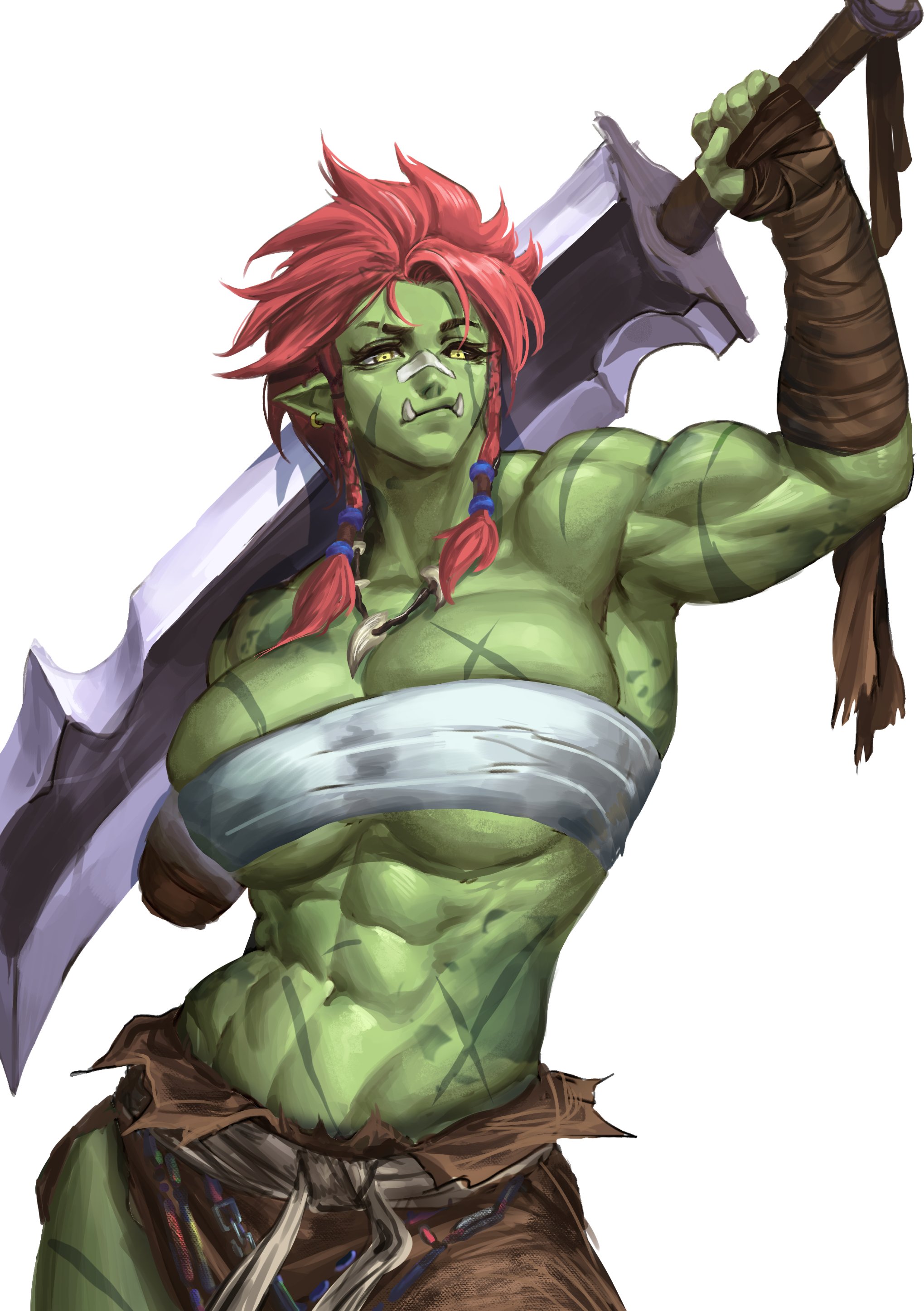 1girls, big breasts, breasts, cassandra (virgoart1509), clothed, clothing, female, female only, higher resolution duplicate, humanoid, mostly clothed, orc, orc female, solo, standing, taller female, virgoart1509, wrappings