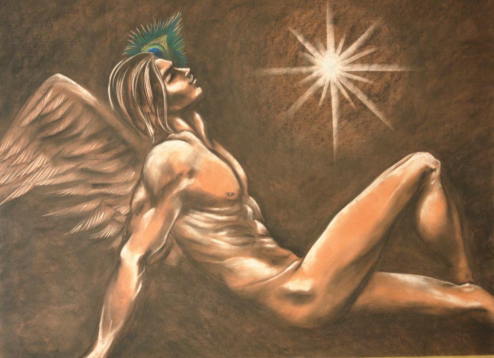 1boy abs angel angel_wings christianity covered_penis covering covering_crotch covering_penis crotch_covered defeated defeated_male devil fallen_angel gay legs legs_apart light long_hair long_hair_male lucifer male male_only morningstar mythology naked naked_male nipples nude nude_male painting painting_(artwork) peacock peacock_feather peacock_feathers petals pleasure pleasure_face pov religion religious satan solo star stars venus venus_symbol