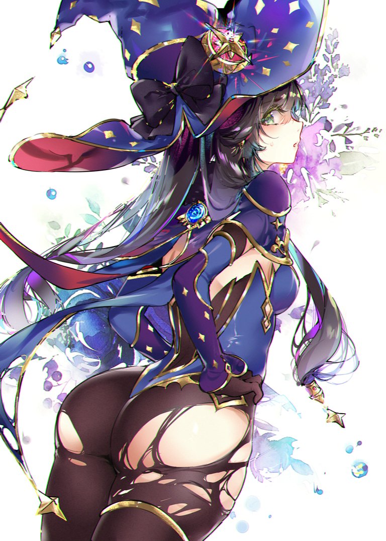 angry, ass, ass focus, back view, bangs, big ass, black hair, blue leotard, blush, bow, breasts, capelet, chromatic aberration, commentary request, embarrassed, eyebrows visible through hair, female, from behind, genshin impact, glint, gloves, green eyes, hair ornament, hand on hip, hat, highleg, highleg leotard, hourglass figure, huge ass, kinokohime, large ass, lens flare, leotard, looking at viewer, looking back, mona (genshin impact), pantyhose, parted lips, ripped clothing, ripped pantyhose, shiny hair, sideways glance, simple background, solo, tearing clothes, thick ass, thick thighs, thighs, torn clothes, torn legwear, voluptuous, witch hat