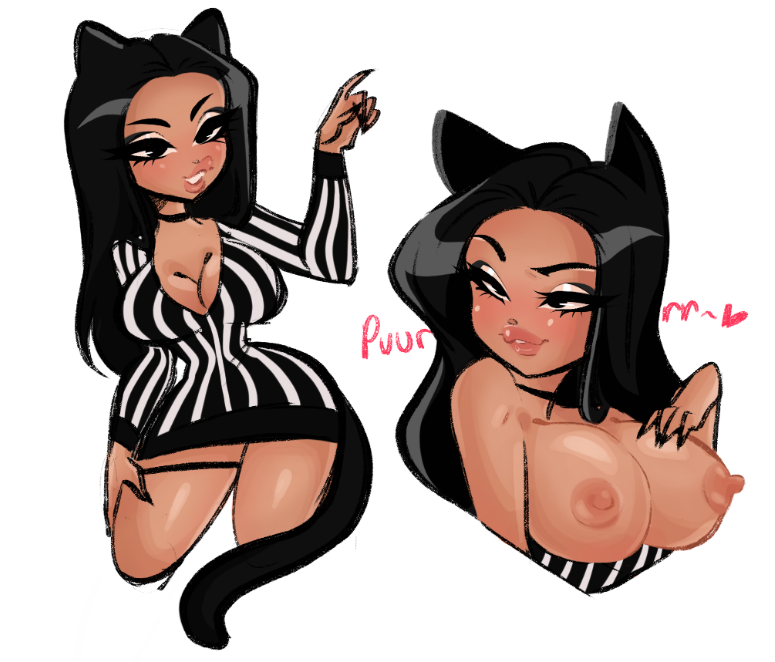 black_hair braless breasts cat_ears cat_tail catgirl choker dress erect_nipples exposed_breasts eyeliner garter_band hand_on_breast hand_on_leg heart hourglass_figure large_breasts long_hair long_sleeves looking_off_screen miss_kitty_(ohthesunnyside) no_bra ohthesunnyside purring seductive seductive_smile short_skirt striped_dress white_background wide_hips