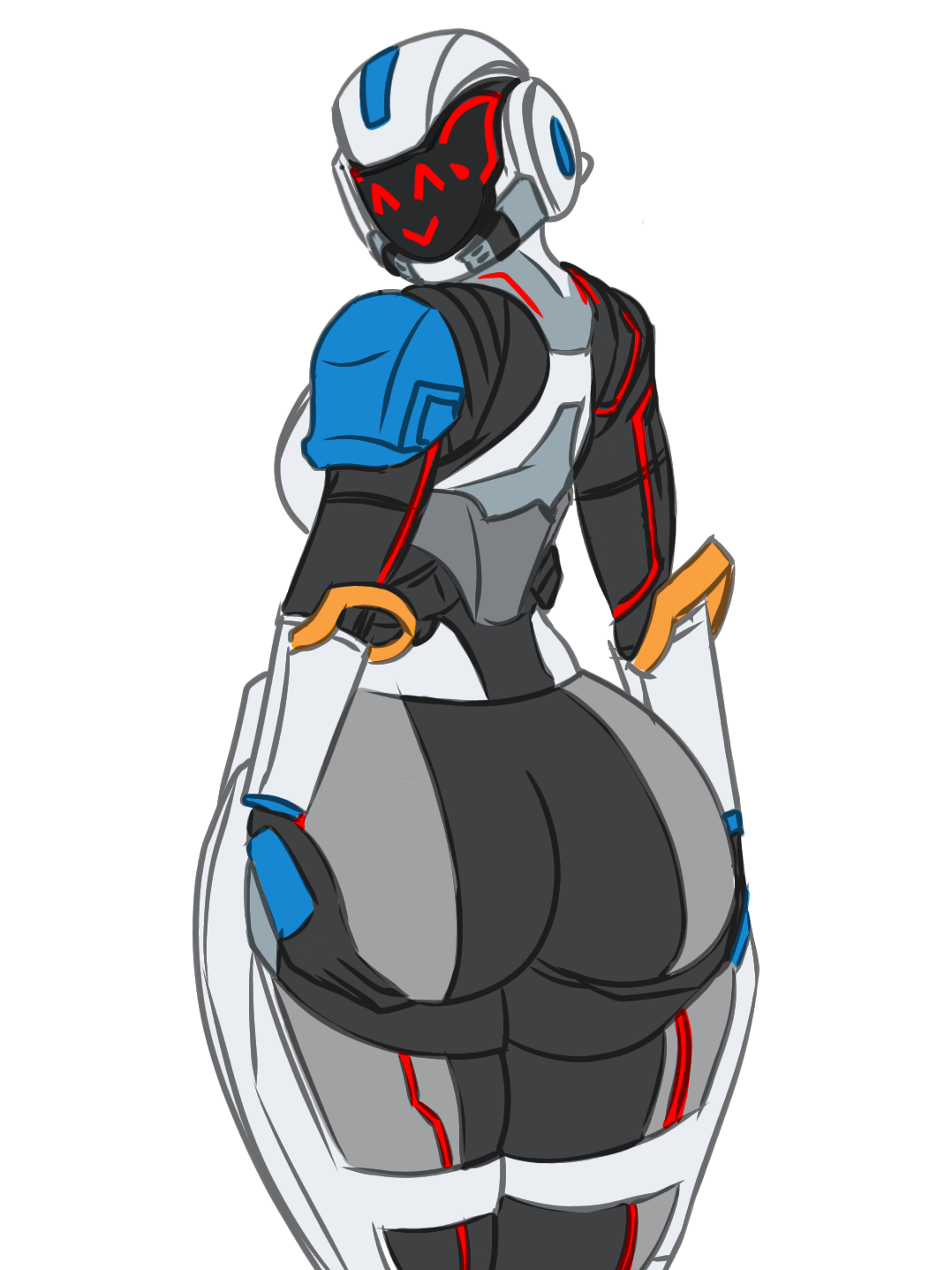 ass, ass grab, bodysuit, fortnite, fortnite: battle royale, helmet, looking at viewer, paradigm (fortnite), smile, smiling at viewer, thick, thick thighs, visor