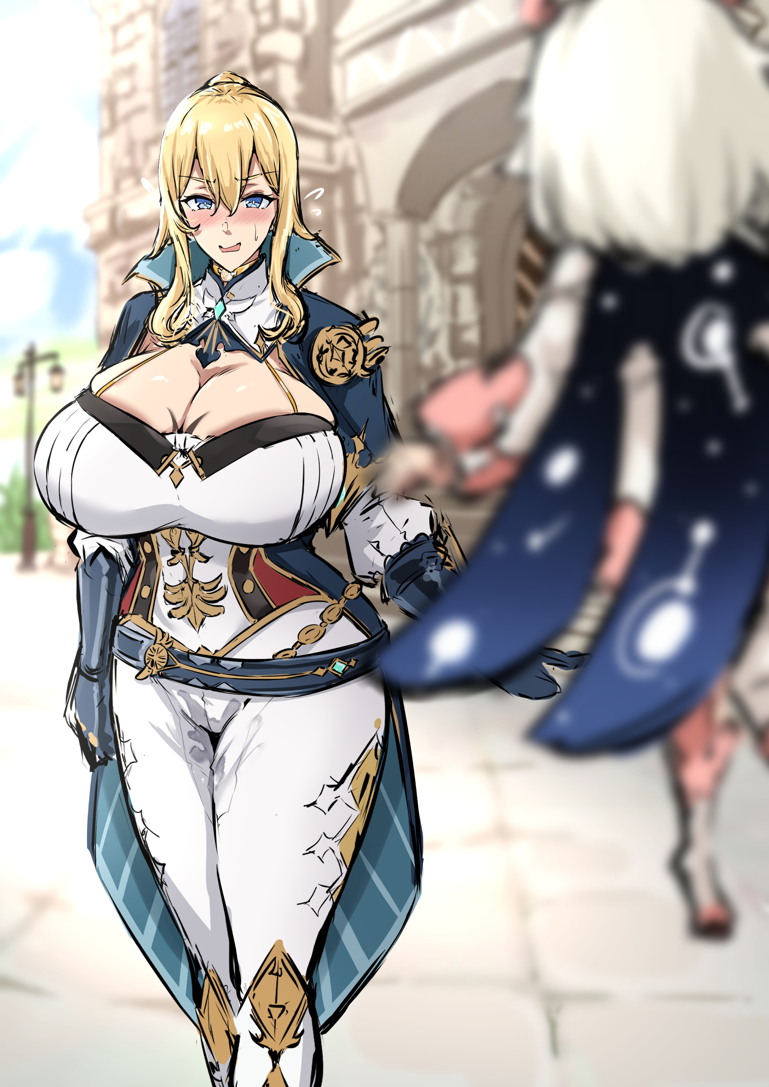 1girls, after sex, blonde hair, blue eyes, blush, breasts, cum wearing, cum wearing (pants), day, female, genshin impact, gzero, huge breasts, jean gunnhildr, nervous smile, outdoors, paimon (genshin impact), pussy, thick thighs, voluptuous, wet pussy, wide hips, zerogura