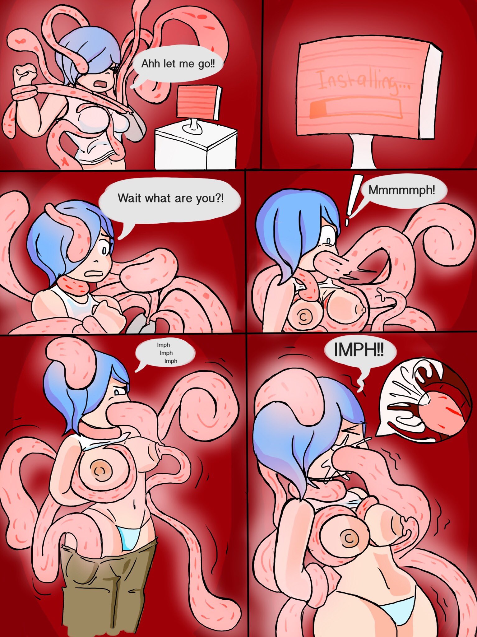 1girls, blue eyes, blue hair, breasts, comic, cum, cum in mouth, english text, female, female only, ghastlypann, milking tentacles, smg4, smg4 art, speech bubble, sucking nipples, tari (smg4), tentacle, tentacle in mouth, tentacle rape, tentacle sucking breasts, undressing another, virus