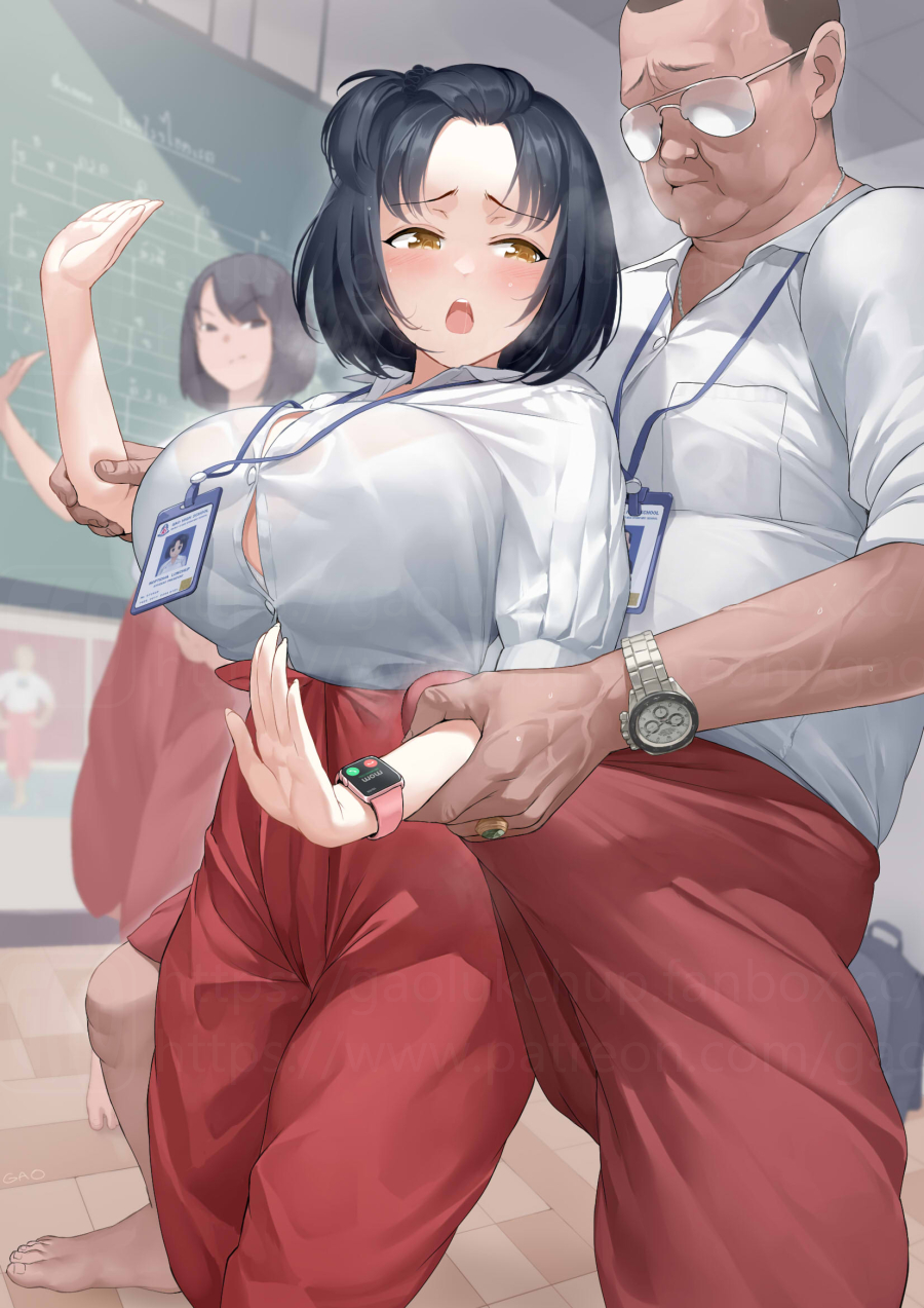 age difference, barefoot, black hair, bra, bra visible through clothes, dark skin, dark-skinned male, gao-lukchup, grabbing, male, old male, public, ring, size difference, ugly bastard, wardrobe malfunction, watch