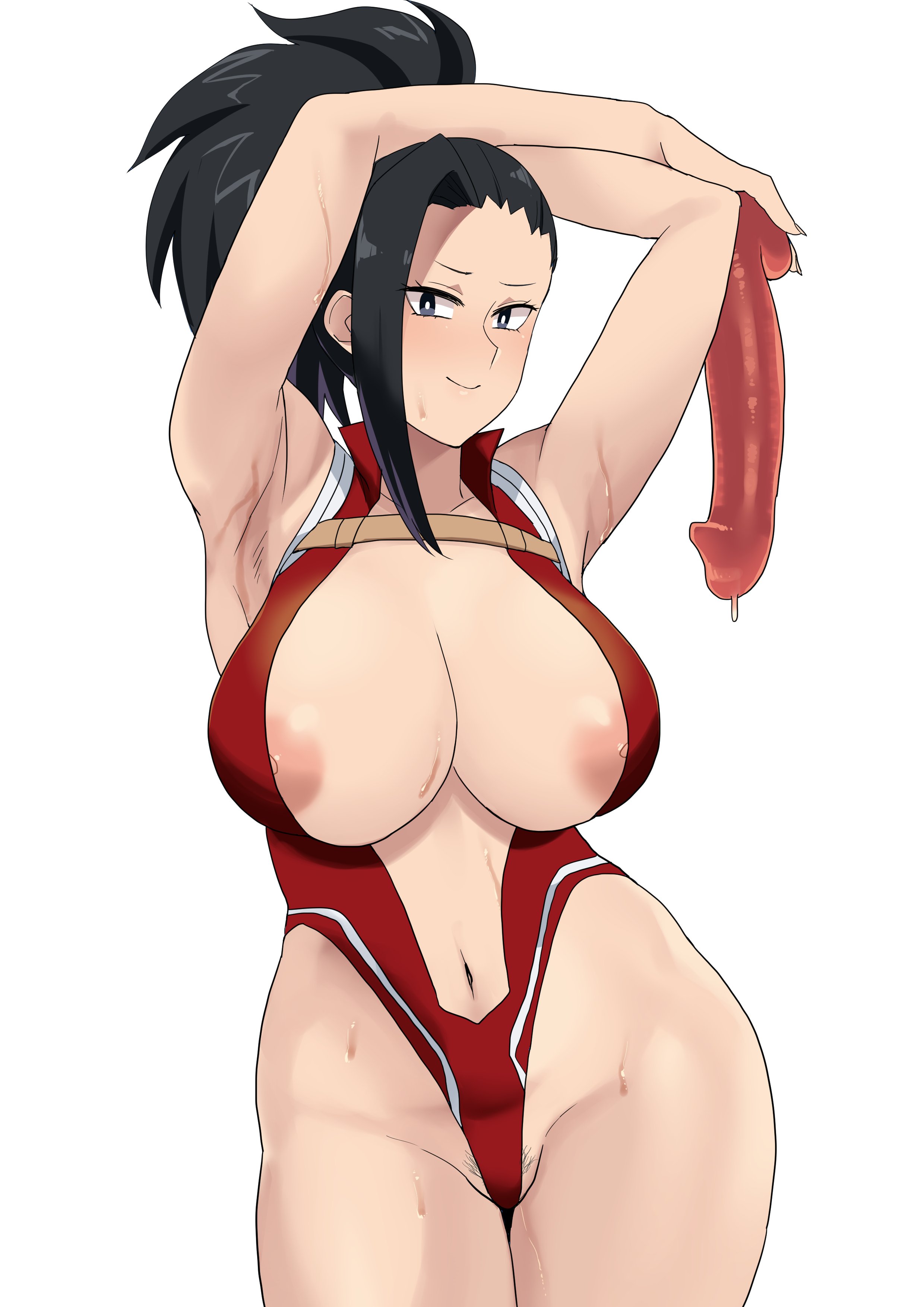 1girls, 2022, areolae, armpits, arms up, big breasts, black hair, black-haired female, blush, blushing, breasts, dildo, female, female only, hero outfit (mha), hips, holding object, hourglass figure, huge breasts, human, human female, large areolae, large breasts, leotard, light-skinned female, looking at viewer, minakami, momo yaoyorozu, momo yaoyorozu (hero outfit), my hero academia, ponytail, sex toy, sexy armpits, simple background, slim waist, superheroine, sweat, sweaty body, white background, wide hips