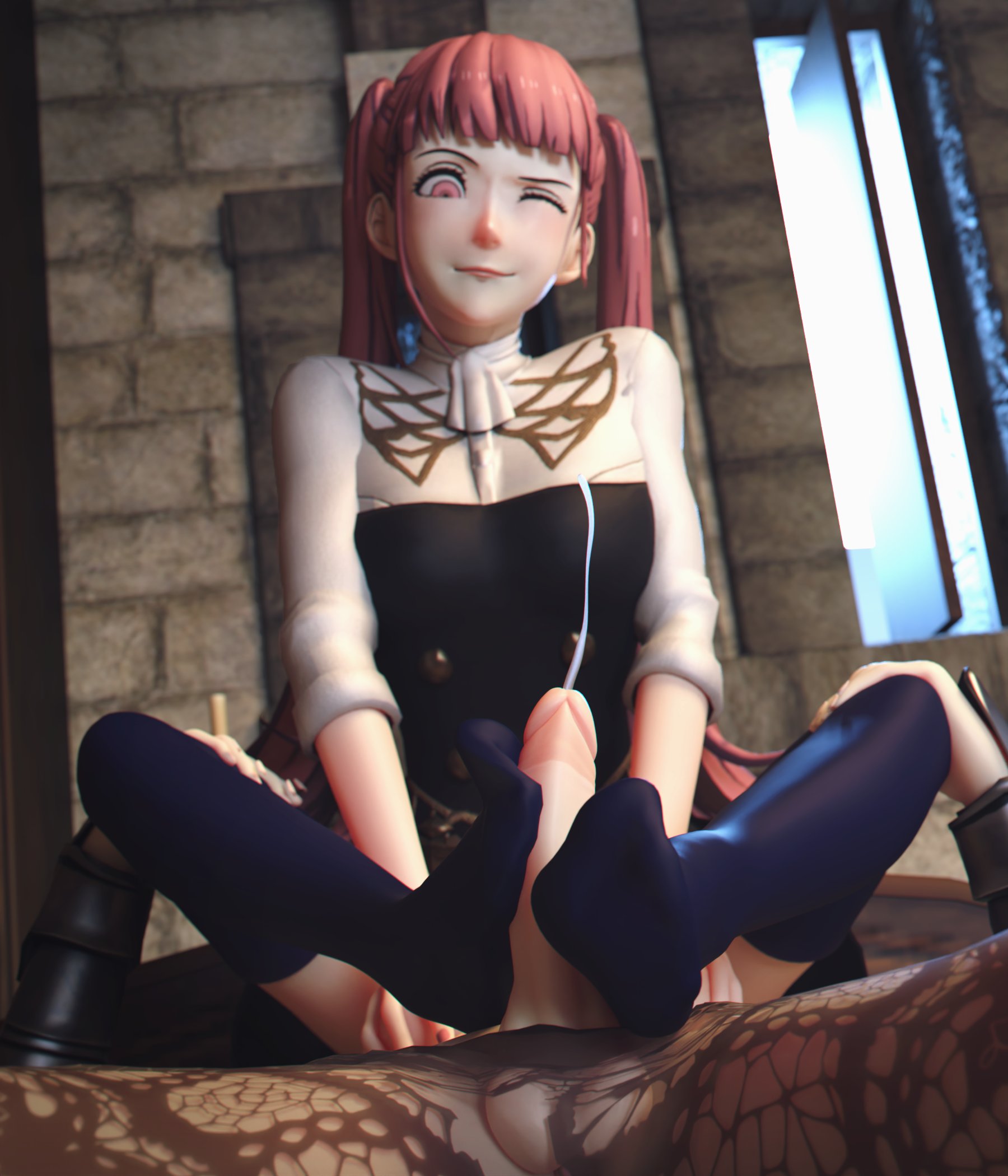 3d, bangs, breasts, byleth (fire emblem), byleth (fire emblem) (female), cum, cumshot, dawadd, ejaculation, feet, female, fire emblem, fire emblem: three houses, foot fetish, footjob, futanari, garreg mach monastery uniform, hilda valentine goneril, intersex, leggings, long hair, medium breasts, nintendo, one eye closed, pink eyes, pink hair, smile, thighhighs, twintails