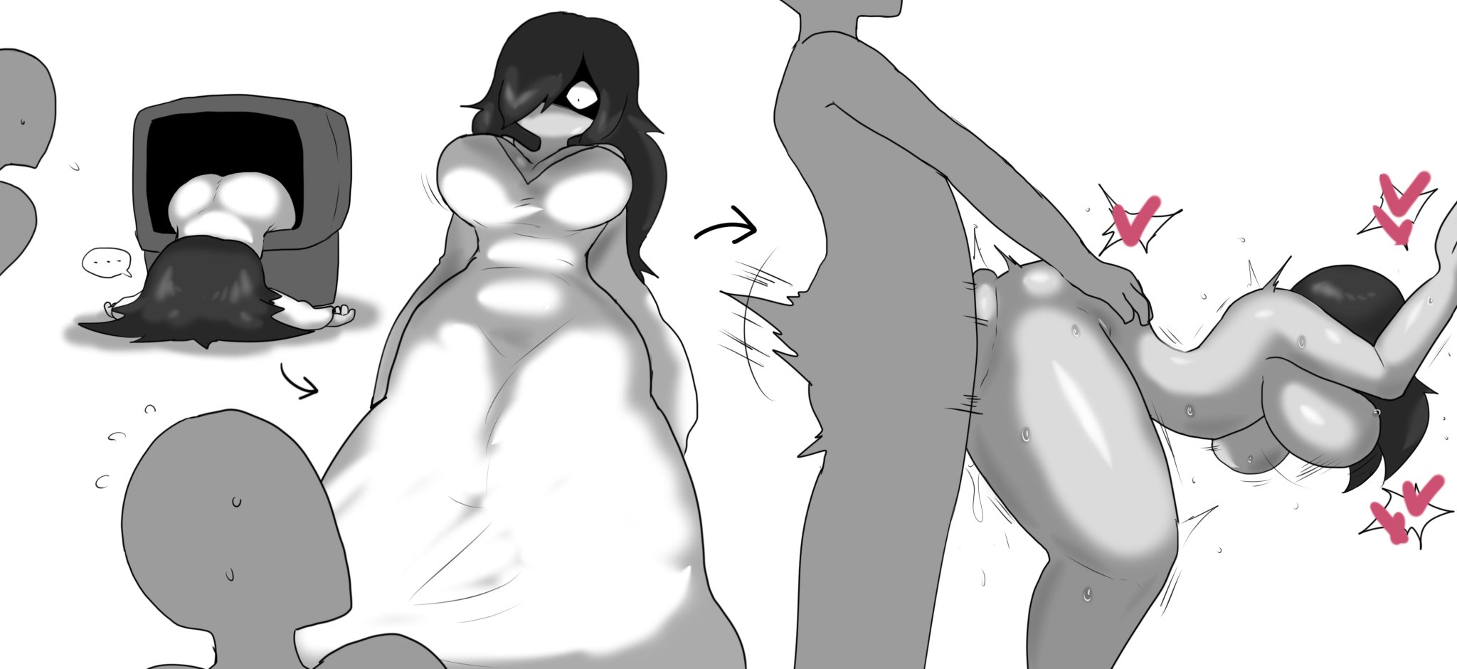 1boy, 1girls, anon, anonymous male, ass, big breasts, big thighs, black hair, breasts, dominant male, enigi09, faceless character, faceless male, female, fucked silly, ghost, ghost girl, grey skin, heart, instant loss 2koma, large breasts, male, nude, nude female, sex, straight, the ring, yamamura sadako