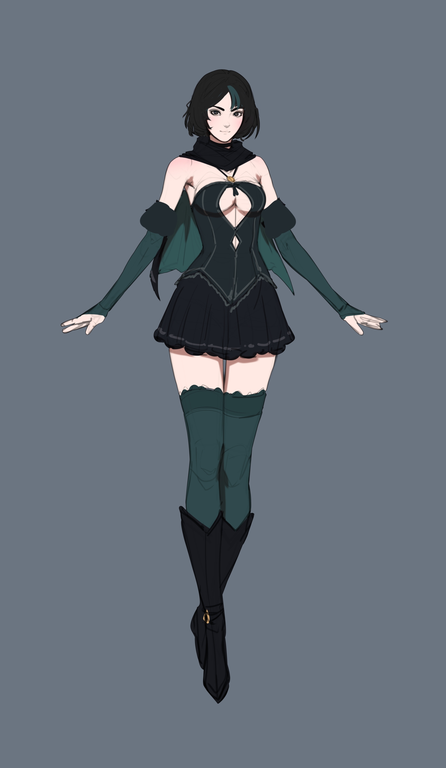 1girls, armpits, armwear, athletic, athletic female, big breasts, black eyes, black hair, breasts, cape, clothed, clothing, erin (tarakanovich), female, female only, green hair, human, light skin, light-skinned female, looking at viewer, magician, miniskirt, mistveil, pale skin, petite, petite body, revealing clothes, short hair, skirt, solo, standing, stockings, tarakanovich, thighhighs, underboob